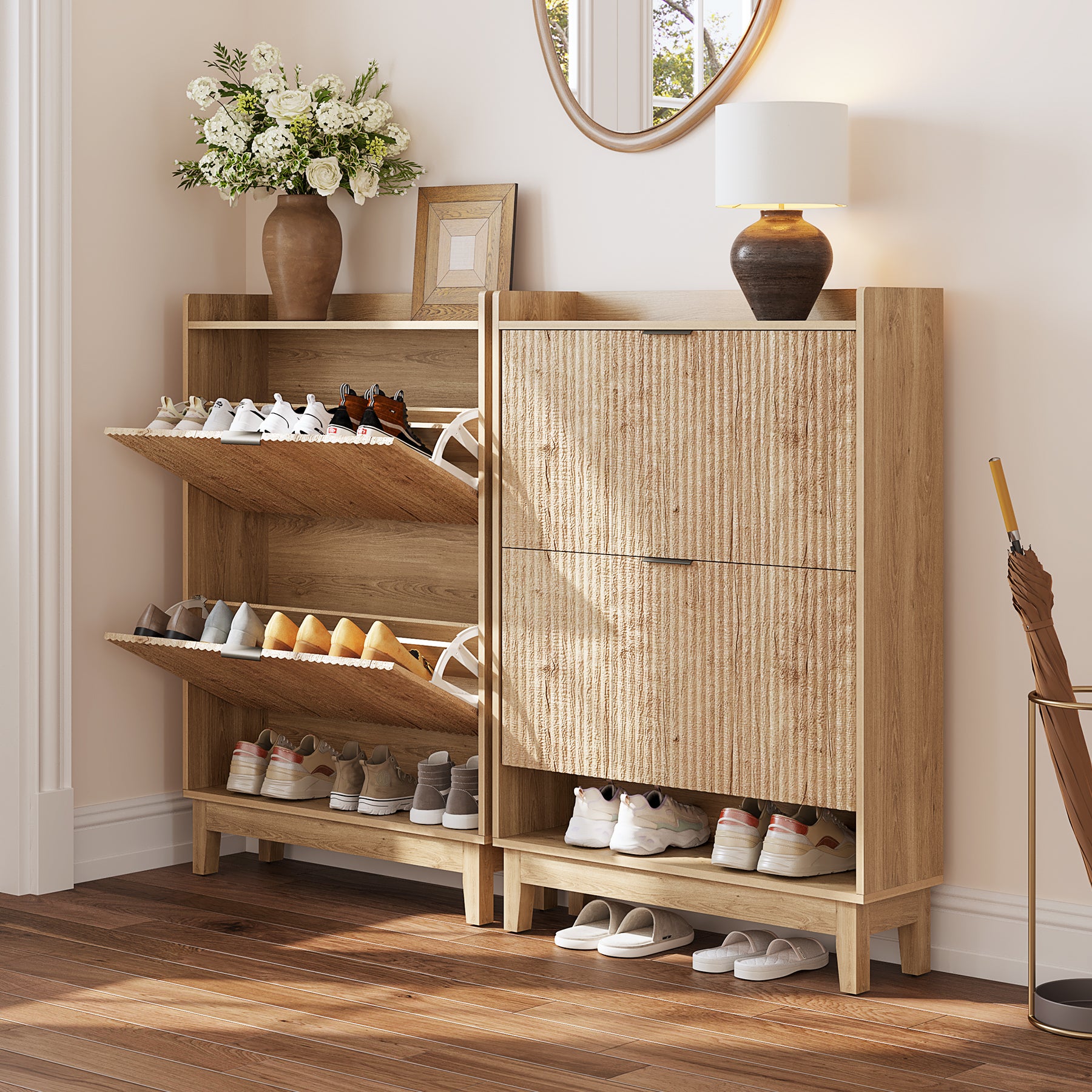 Schmaler Schuhschrank 80 cm – Schuhkipper mit 2 Klappen & Schubladen, Schuhkommode aus Holz für Flur & Eingangsbereich