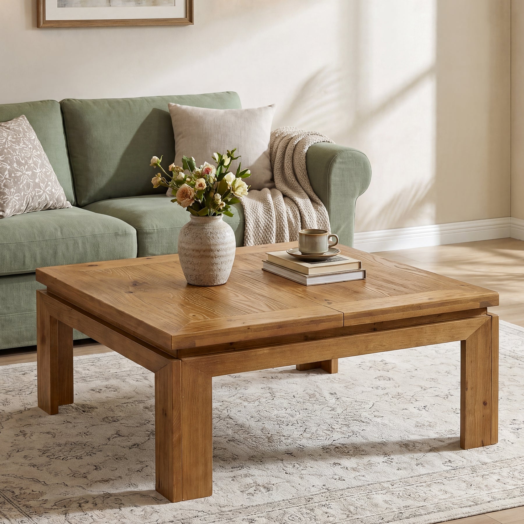 Tribesigns 100 cm quadratischer Couchtisch aus Massivholz, großer Wohnzimmertisch mit eingelassenem Randdesign