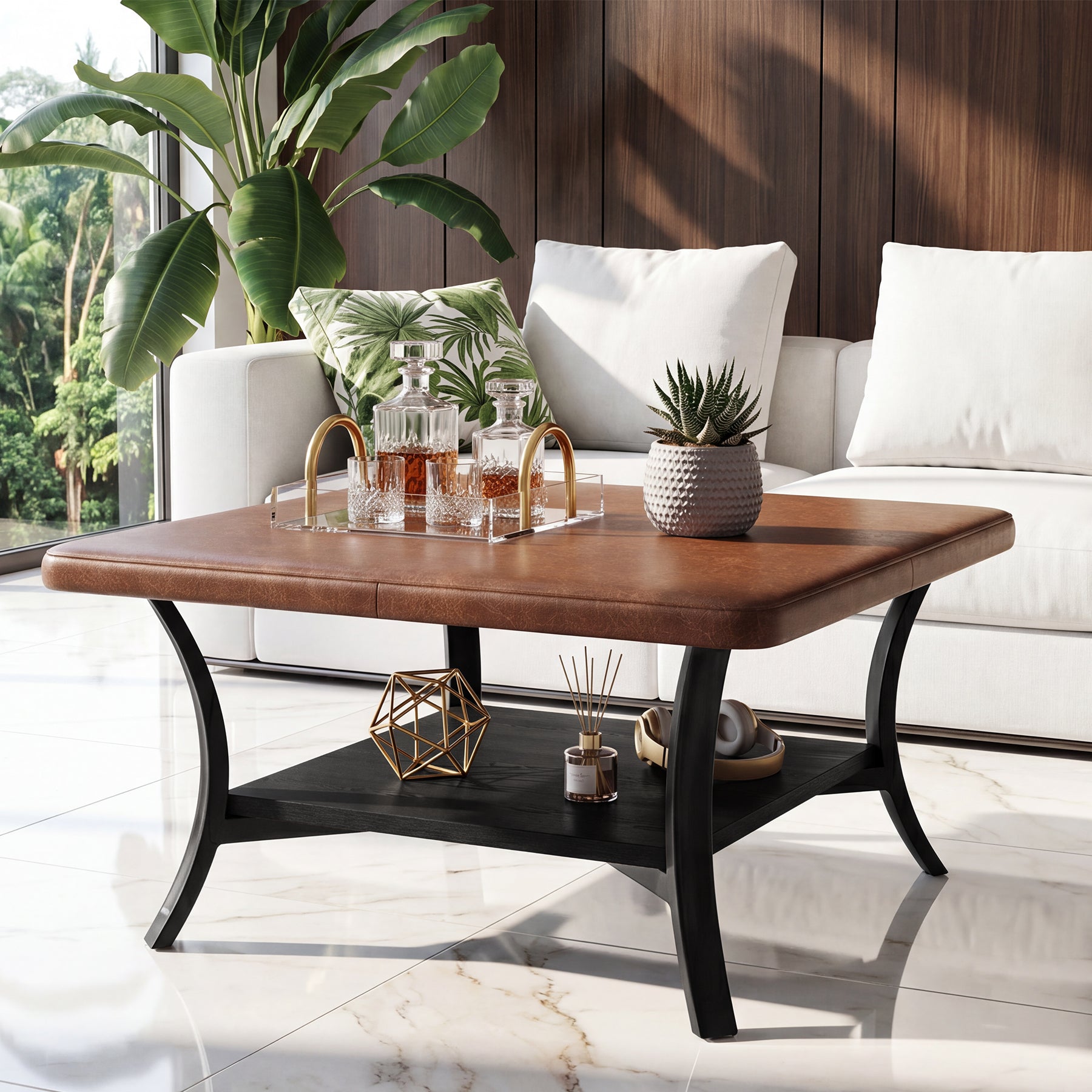 Tribesigns 80 cm Quadratischer Couchtisch mit PU-Leder, Gepolsterte Ottomane mit Ablage