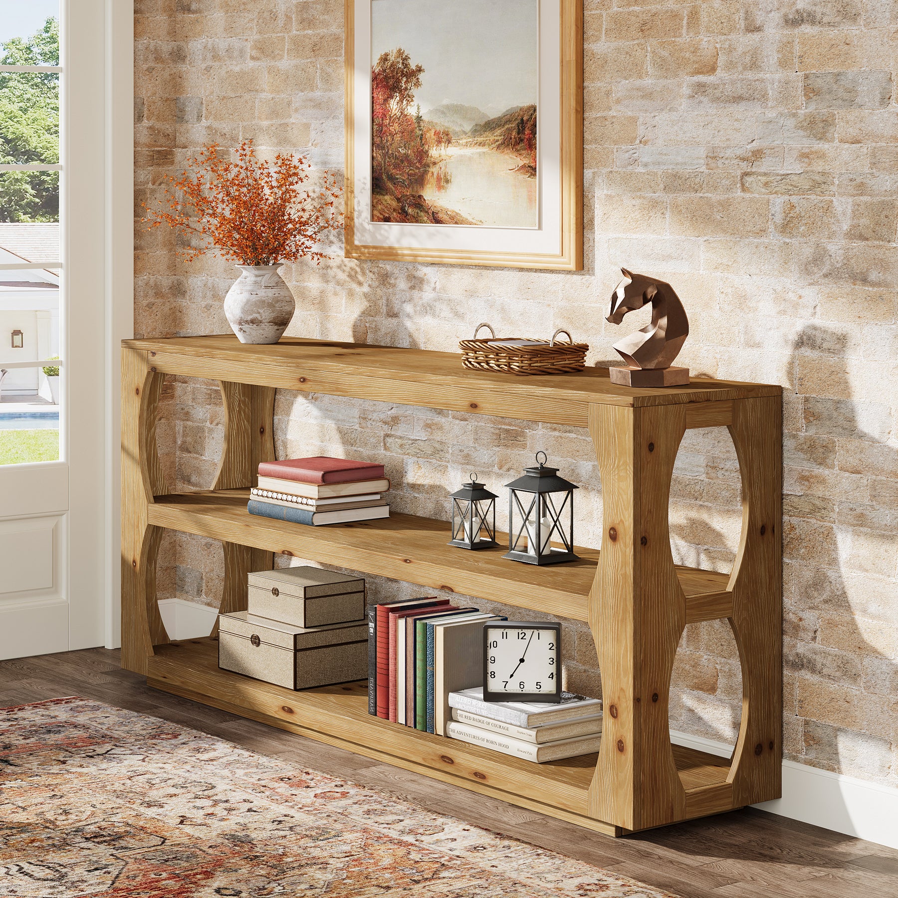 Konsolentisch 160 cm aus massivem Tannenholz, schmaler Flurtisch mit 3 Ebenen, Landhausstil für Flur, Wohnzimmer