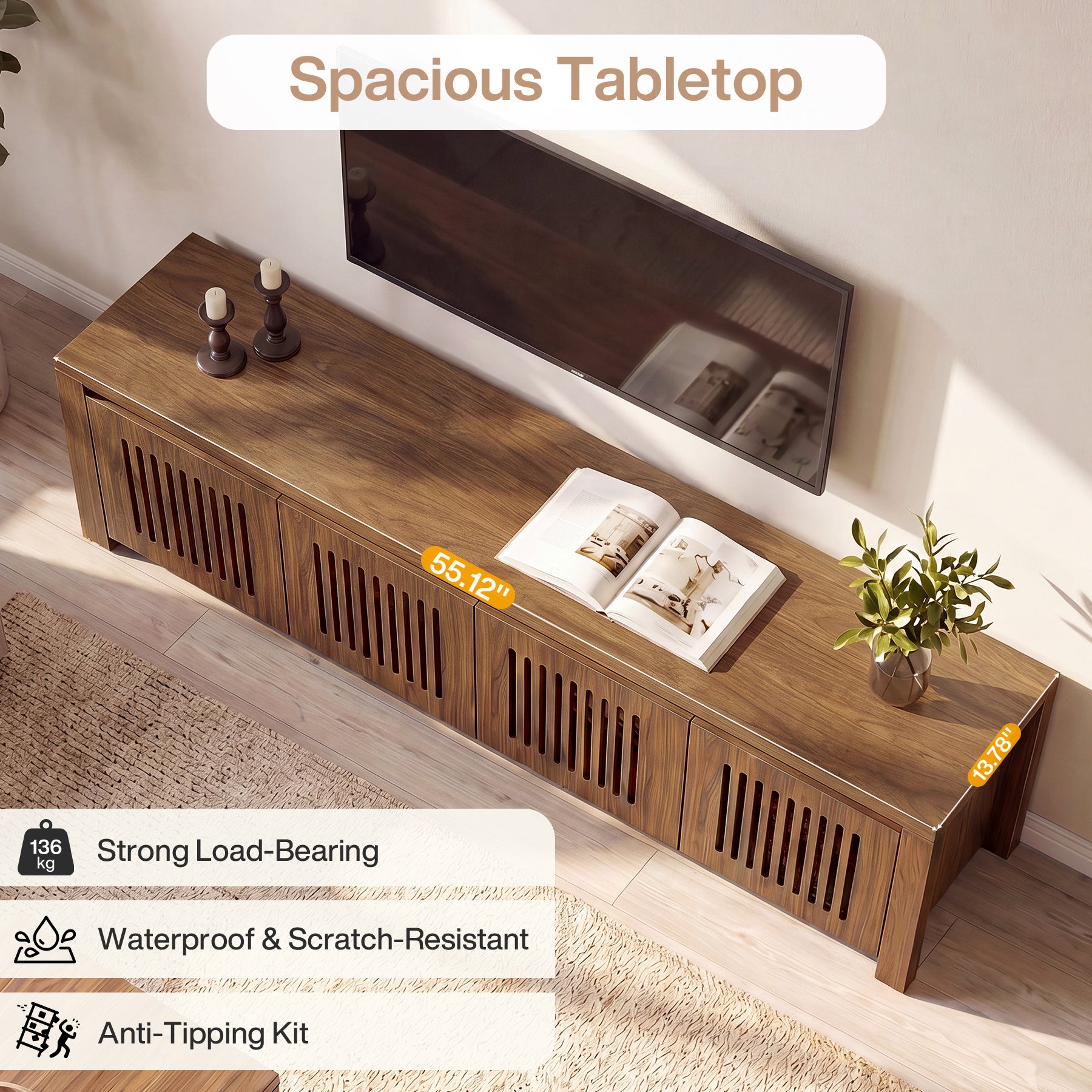 Tribesigns TV Lowboard 140 cm für Fernseher bis 65 Zoll, TV-Schrank mit Lamellentüren & 8 Staufächern