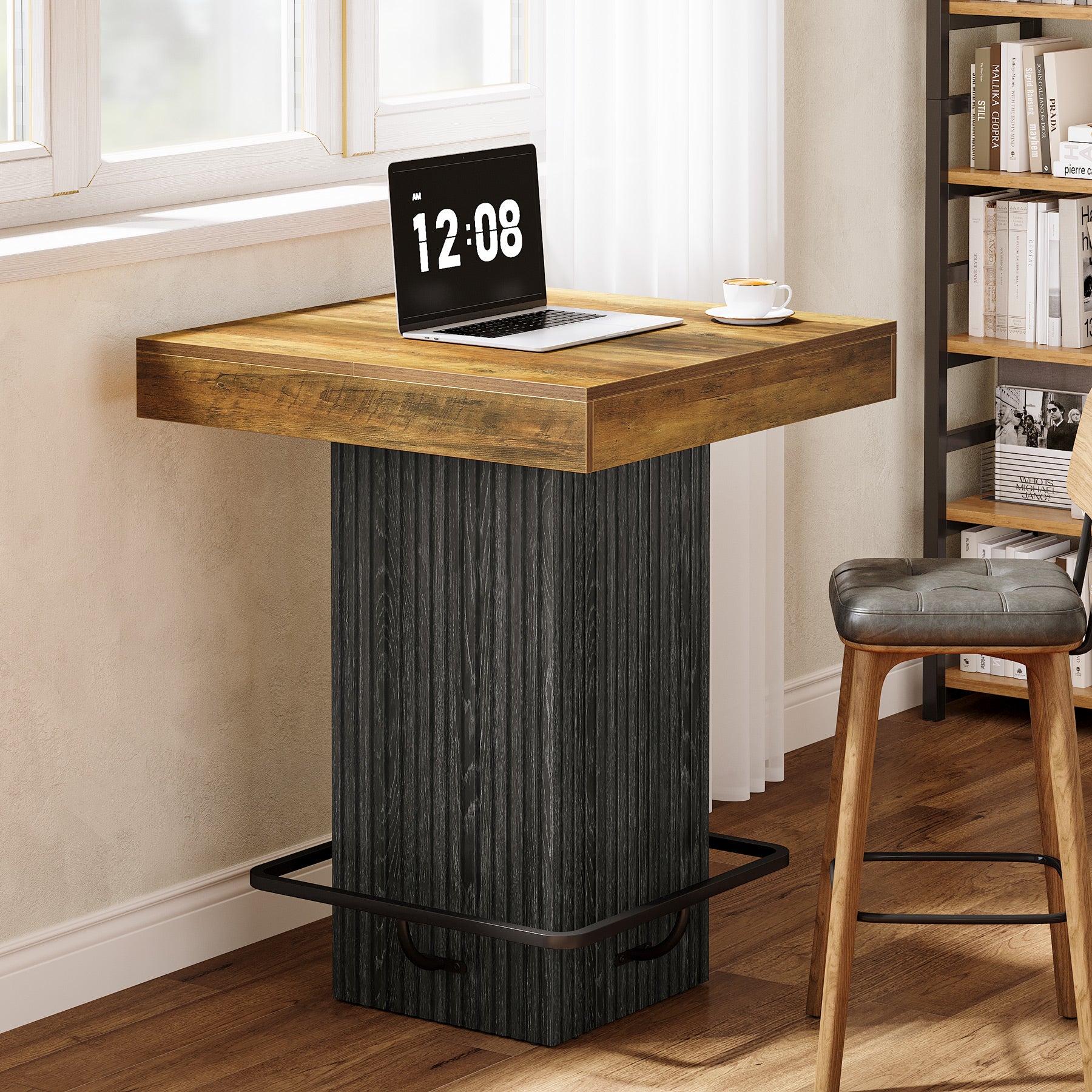 Tribesigns Bartisch Quadratisch 80 x 80 cm, Hochtisch mit Fußstütze, Industrial Bistrotisch