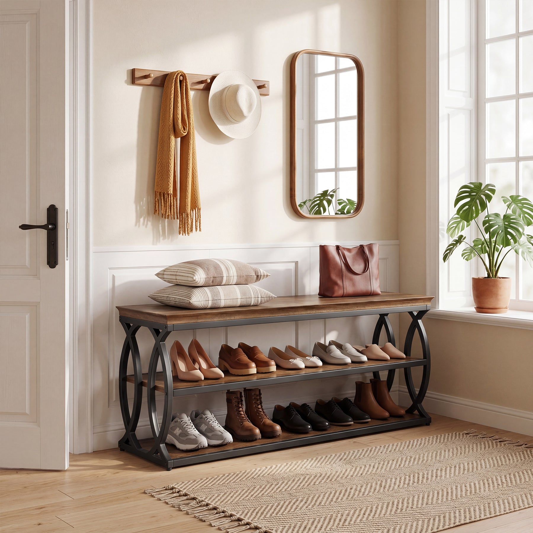 Tribesigns Schuhbank mit Stauraum 120 cm, 3-stufiges Schuhregal im Industrial-Landhausstil mit Sitzfläche