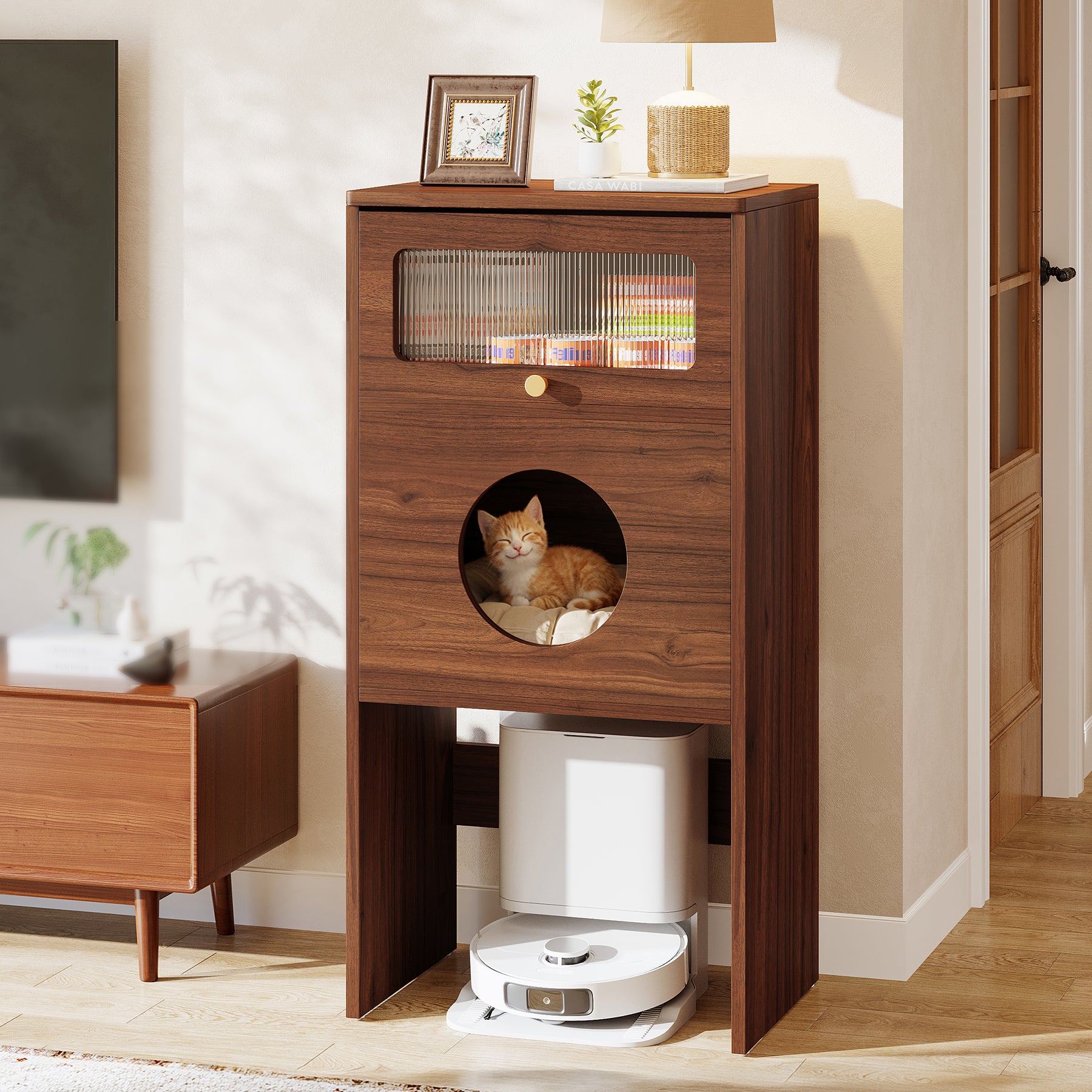 Katzenhaus Möbel mit Stauraum – Katzenklo Schrank & Beistelltisch 2-in-1, Indoor Katzenmöbel für kleine Wohnungen