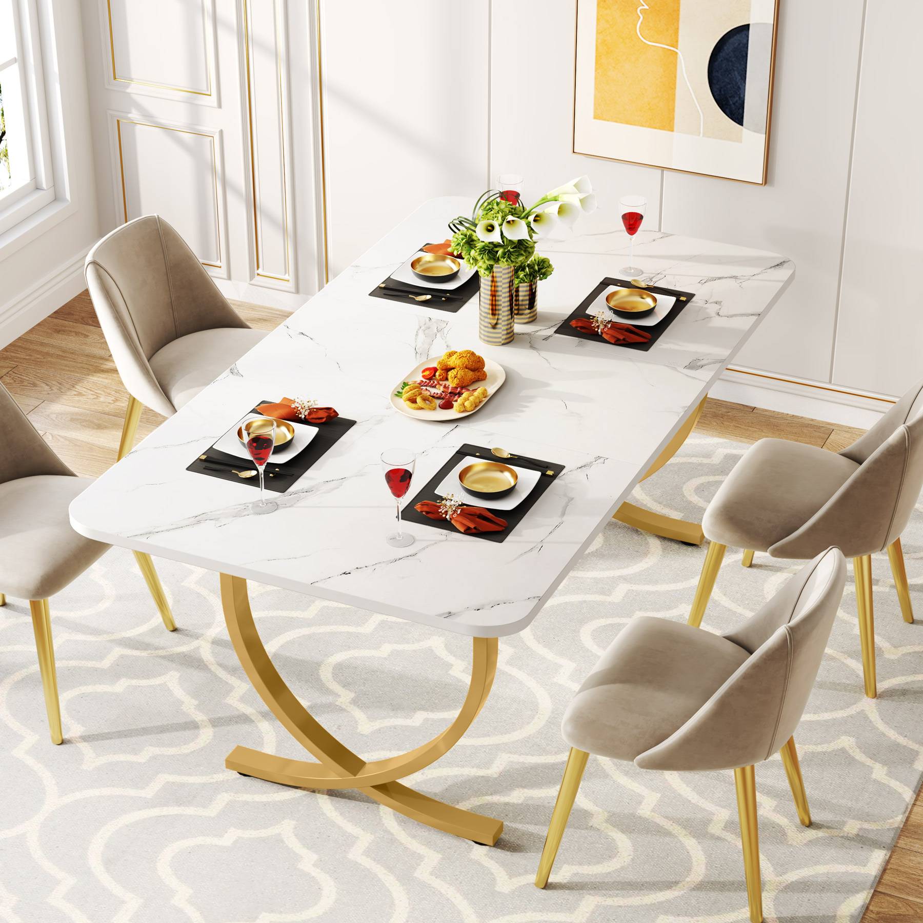 63" Modern Dining Table Kitchen Table with Faux Marble Table Top Tribesigns