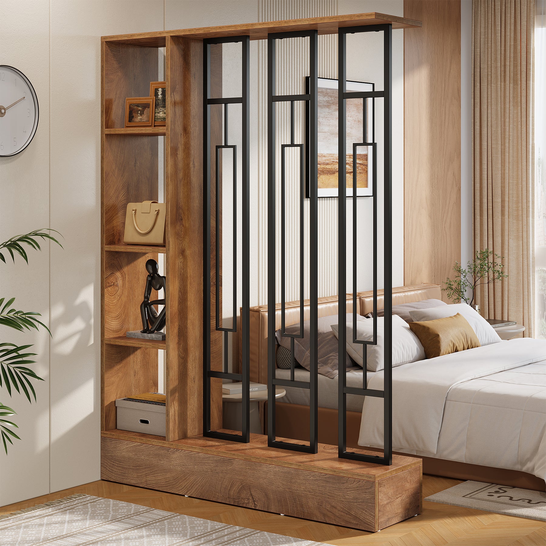 120 cm freistehender Raumteiler aus Holz und Metall, Sichtschutzwand mit Regalen
