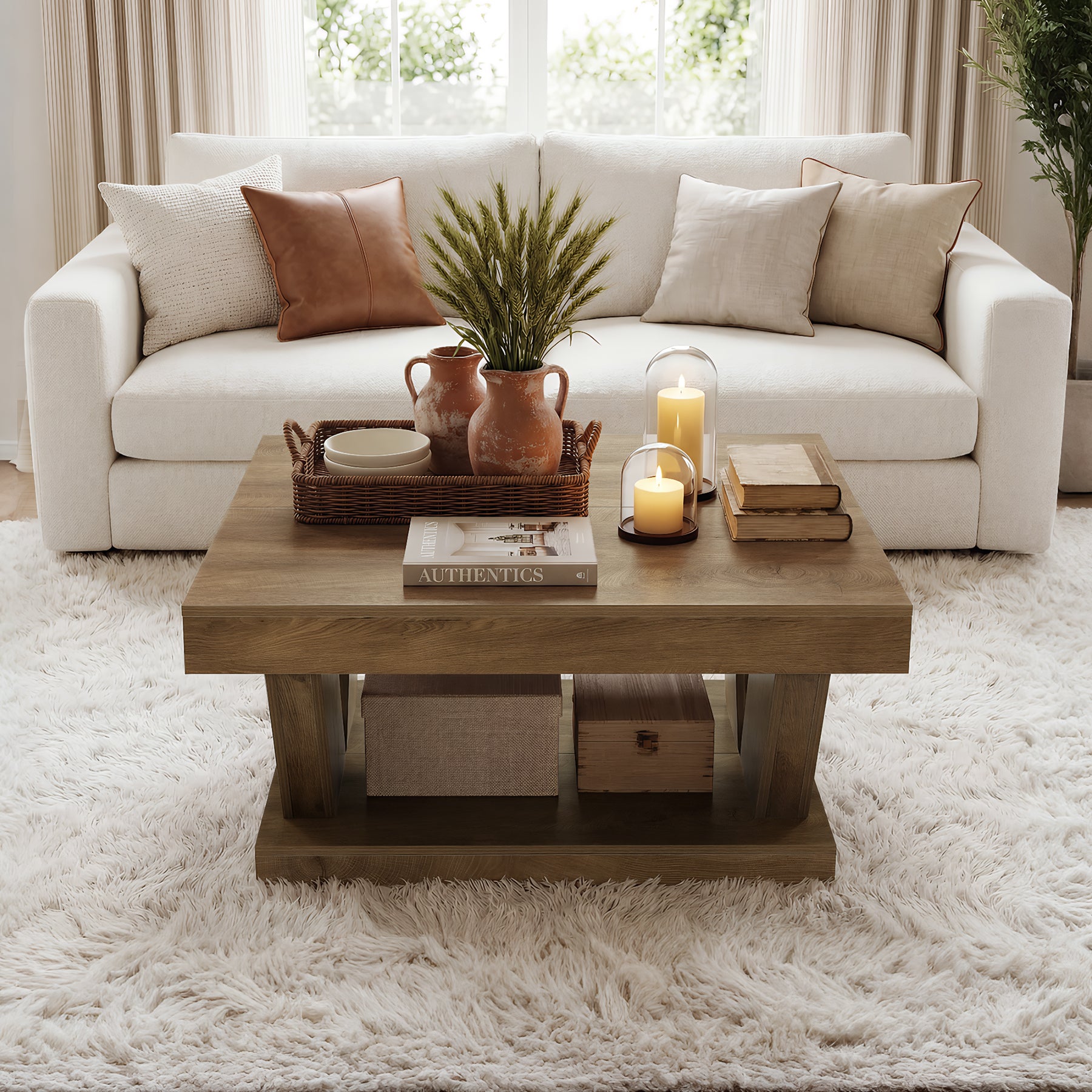 Tribesigns Quadratischer Couchtisch 100x100 cm, 2-stufiger Wohnzimmertisch im Landhausstil mit Ablage