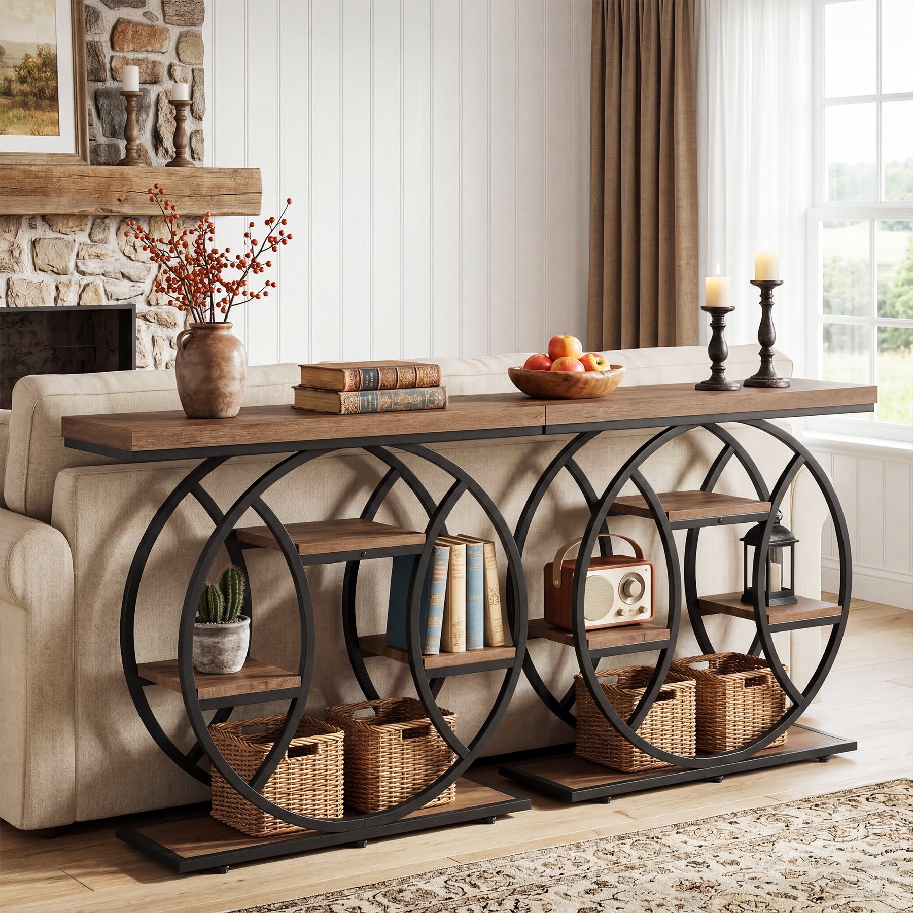 Tribesigns Konsolentisch Industrial, 105 cm Flurtisch mit 4 Ablagen & rundem Metallgestell