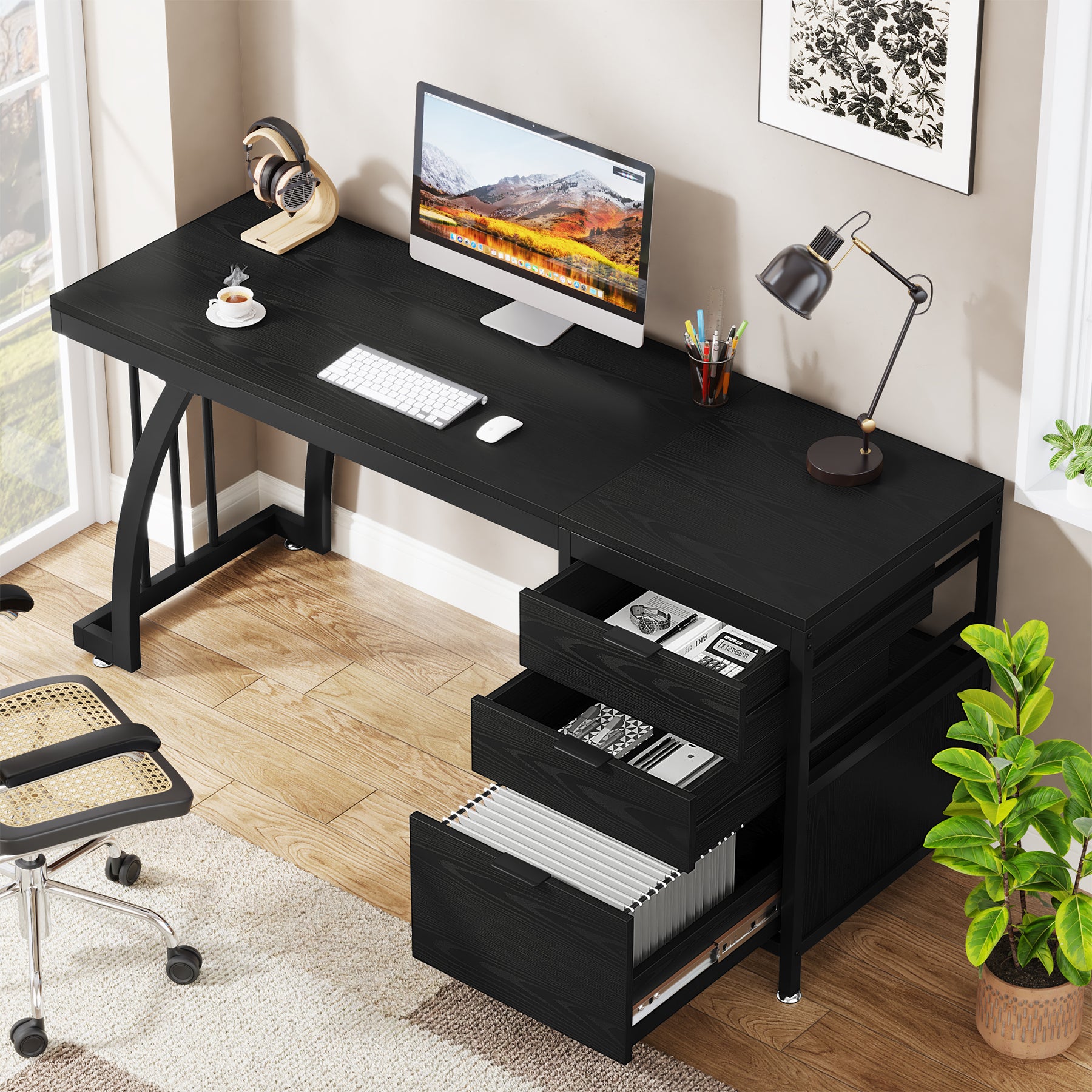 Industrieller Computertisch, 150 cm Schreibtisch mit umkehrbarem Schubladenschrank