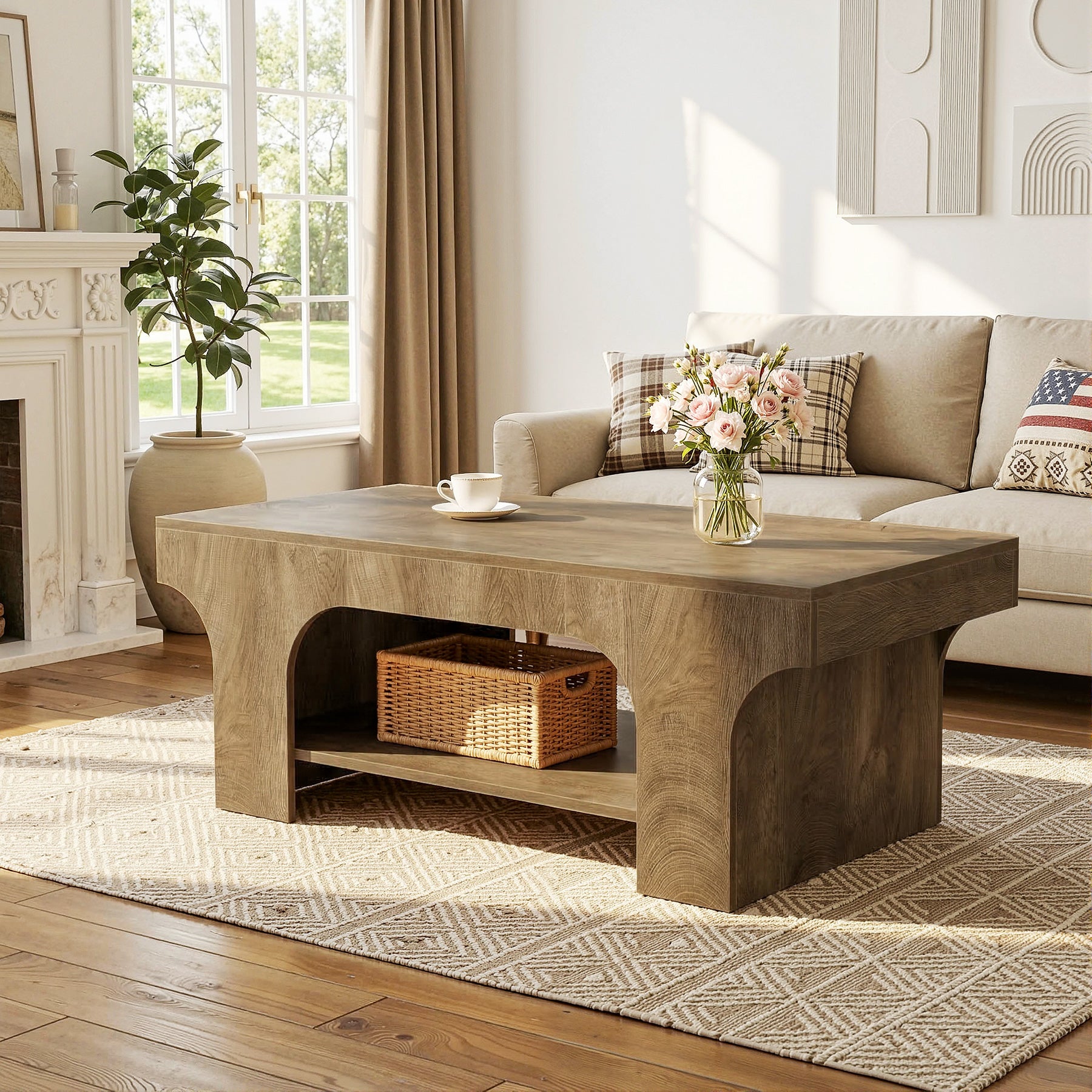 Tribesigns Rechteckiger Couchtisch 120 cm, moderner 2 Ebenen Wohnzimmertisch mit Stauraum