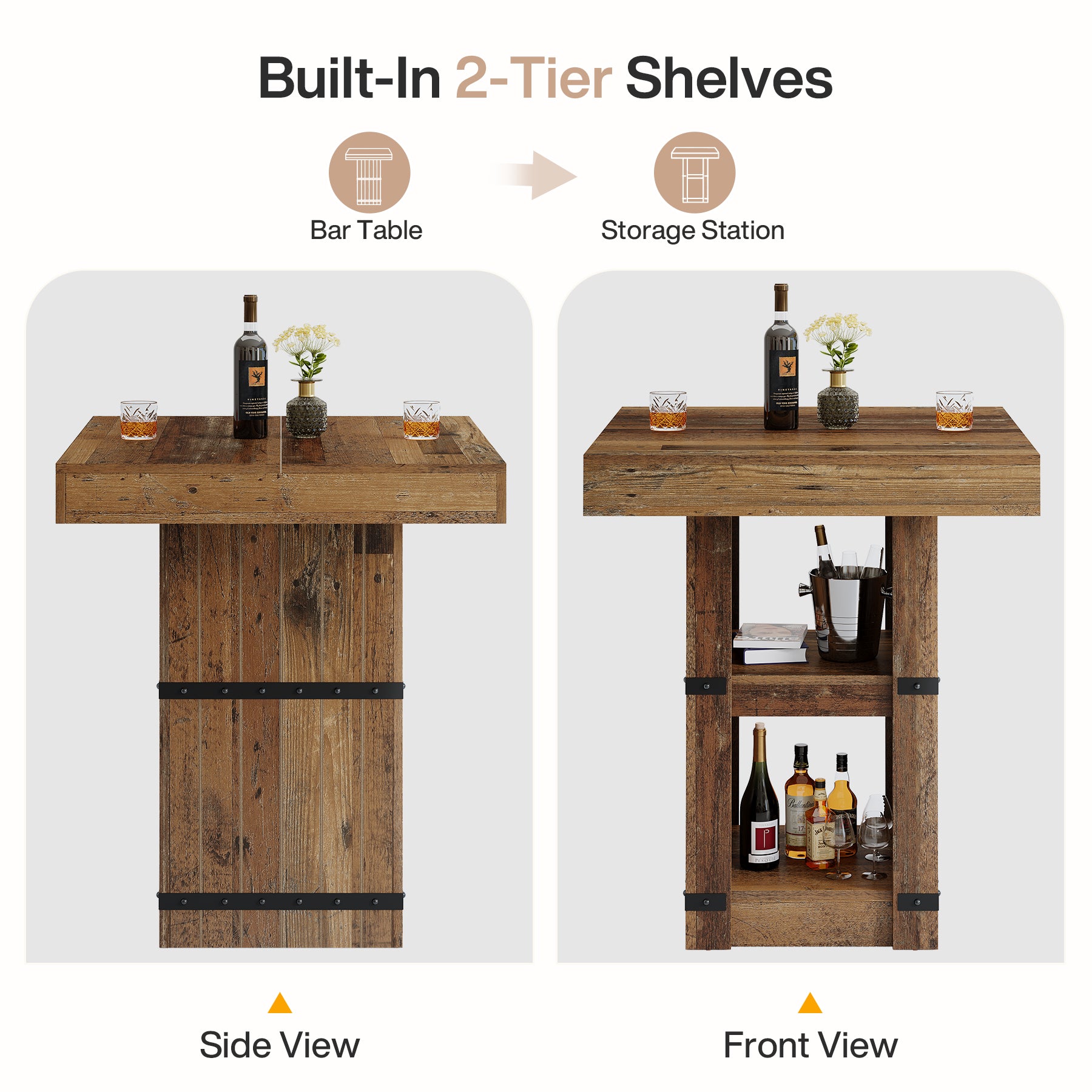 Tribesigns Bartisch 80 × 80 cm mit Stauraum, Hoher Stehtisch 95 cm, Küchentisch im Industrial-Landhausstil