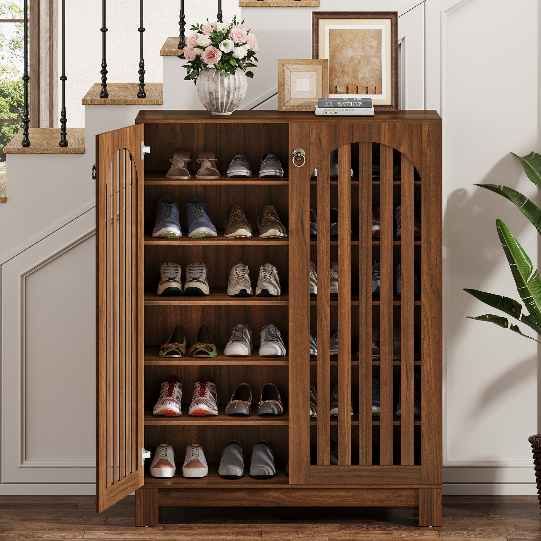 Großer Schuhschrankmit Lamellenfront, 6 Ebenen mit Flexiblen Einlegeböden