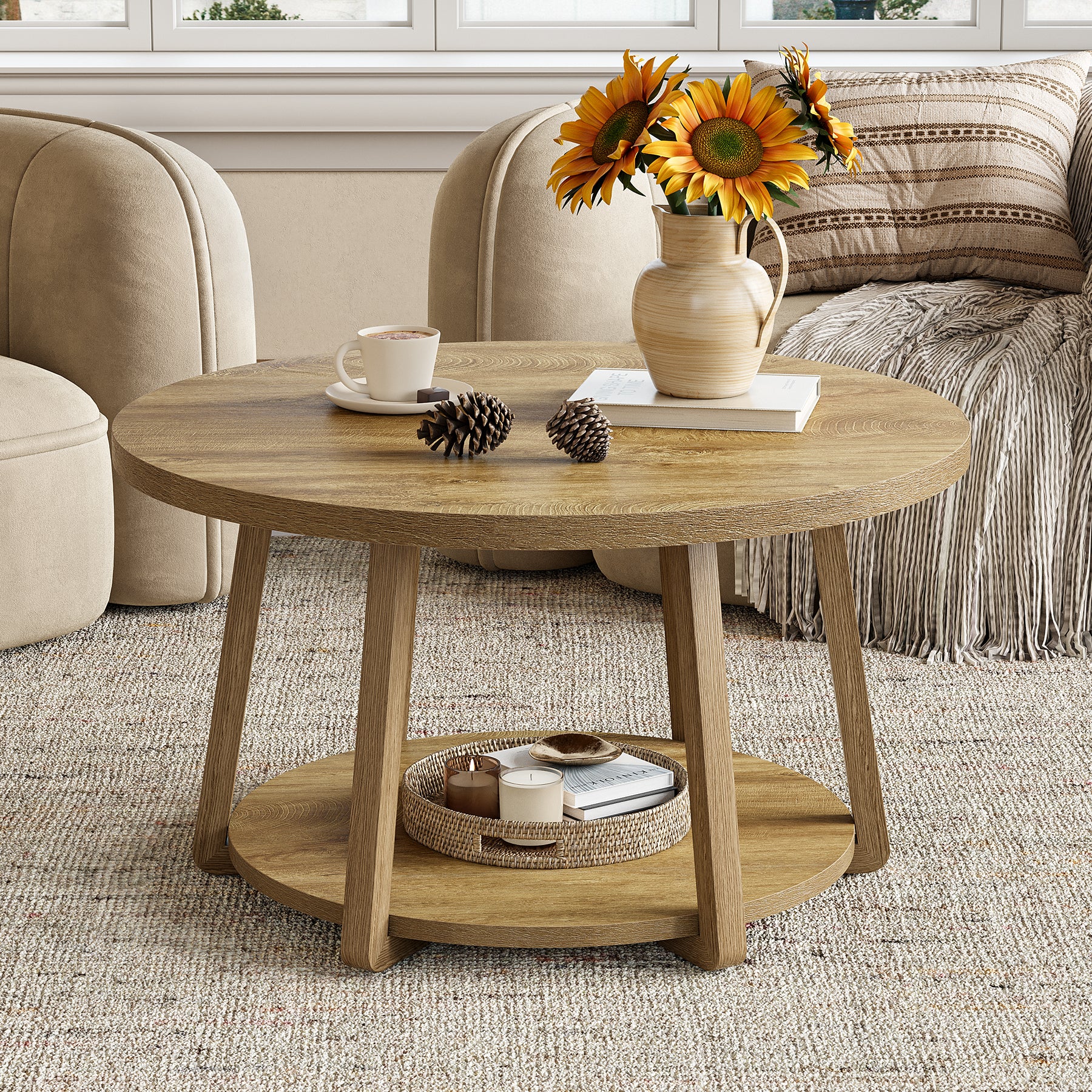 Tribesigns Runder Couchtisch 80 cm mit Ablage, 2 Ebenen Wohnzimmertisch klein mit Stauraum