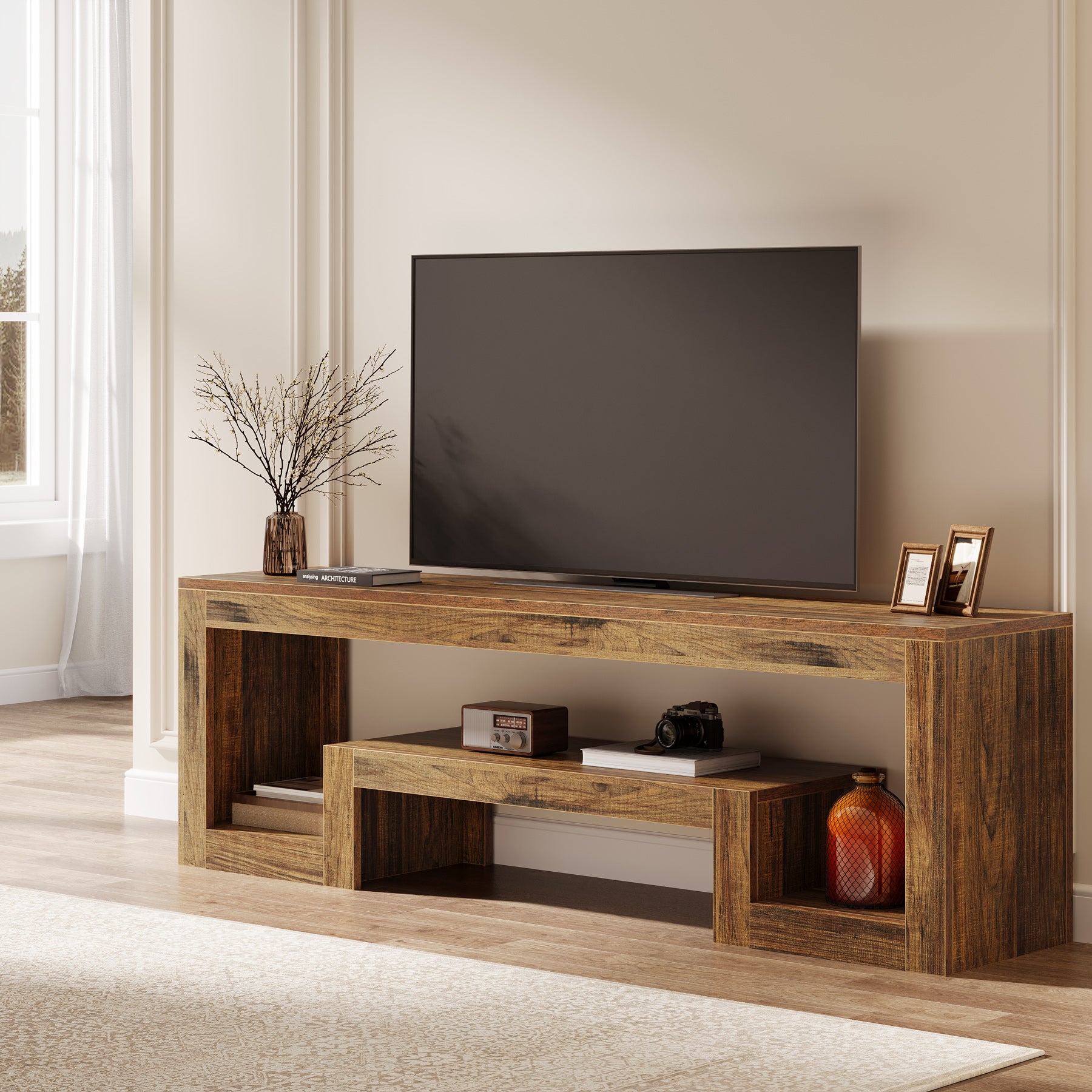 TV-Lowboard 63 Zoll, Bauernhaus Fernsehkonsole mit offenen Ablagen für 55–65 Zoll Fernseher
