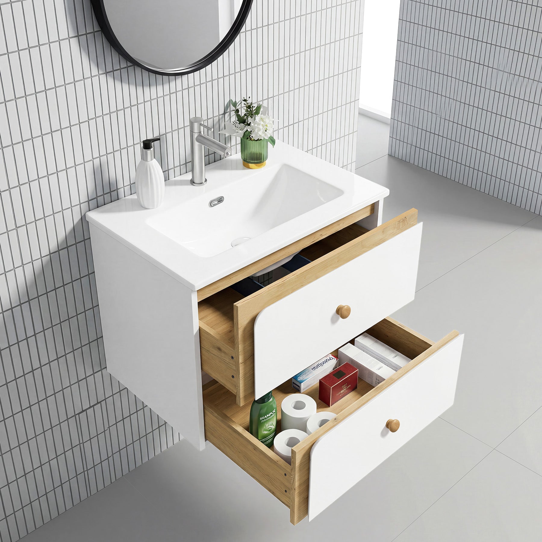 Tribesigns Hängender Waschtisch mit Keramikbecken, Moderner Badschrank wandmontiert mit Soft-Close-Tür