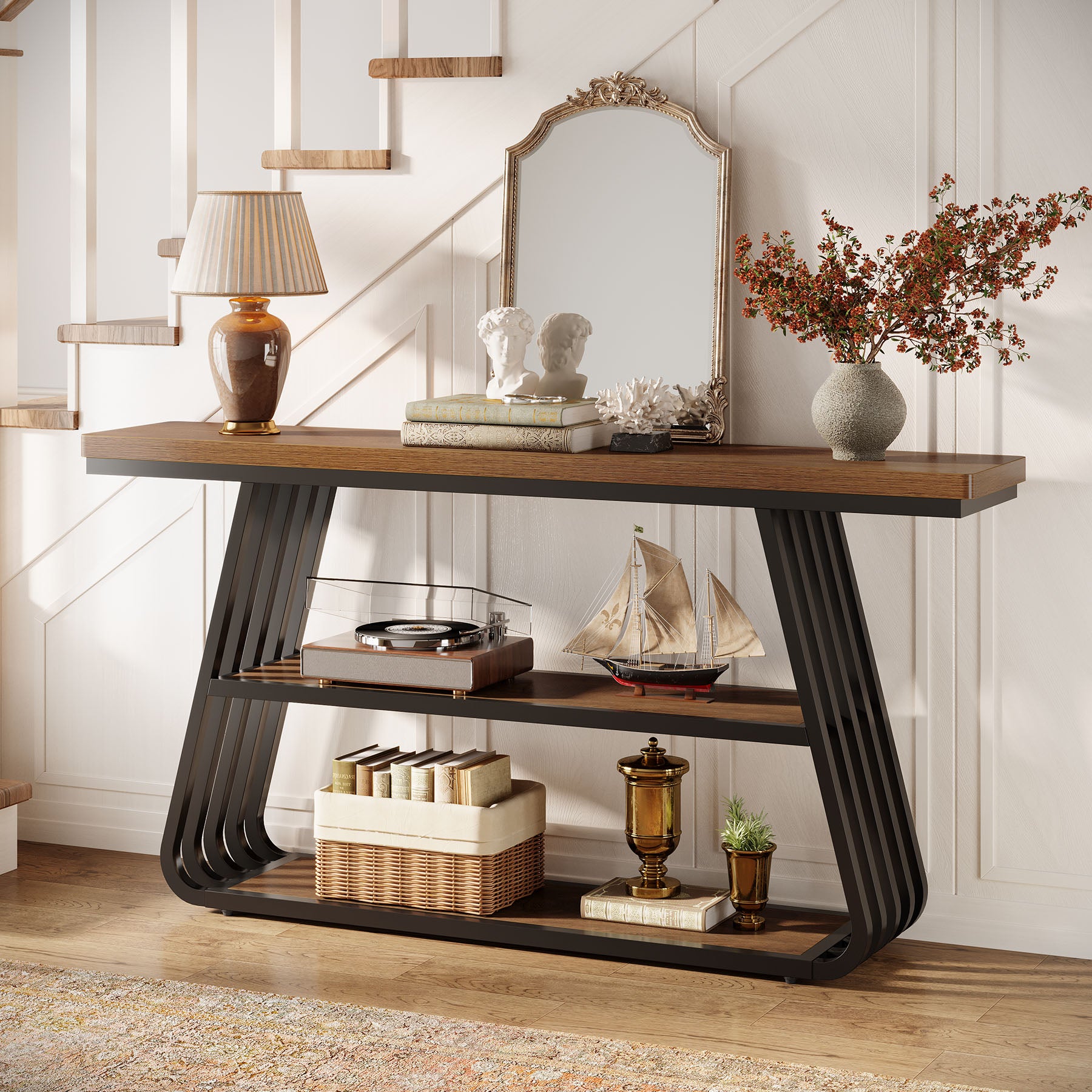 Konsolentisch 140 cm mit Ablagen, 3-stufiger Sofatisch aus Holz mit Metallrahmen