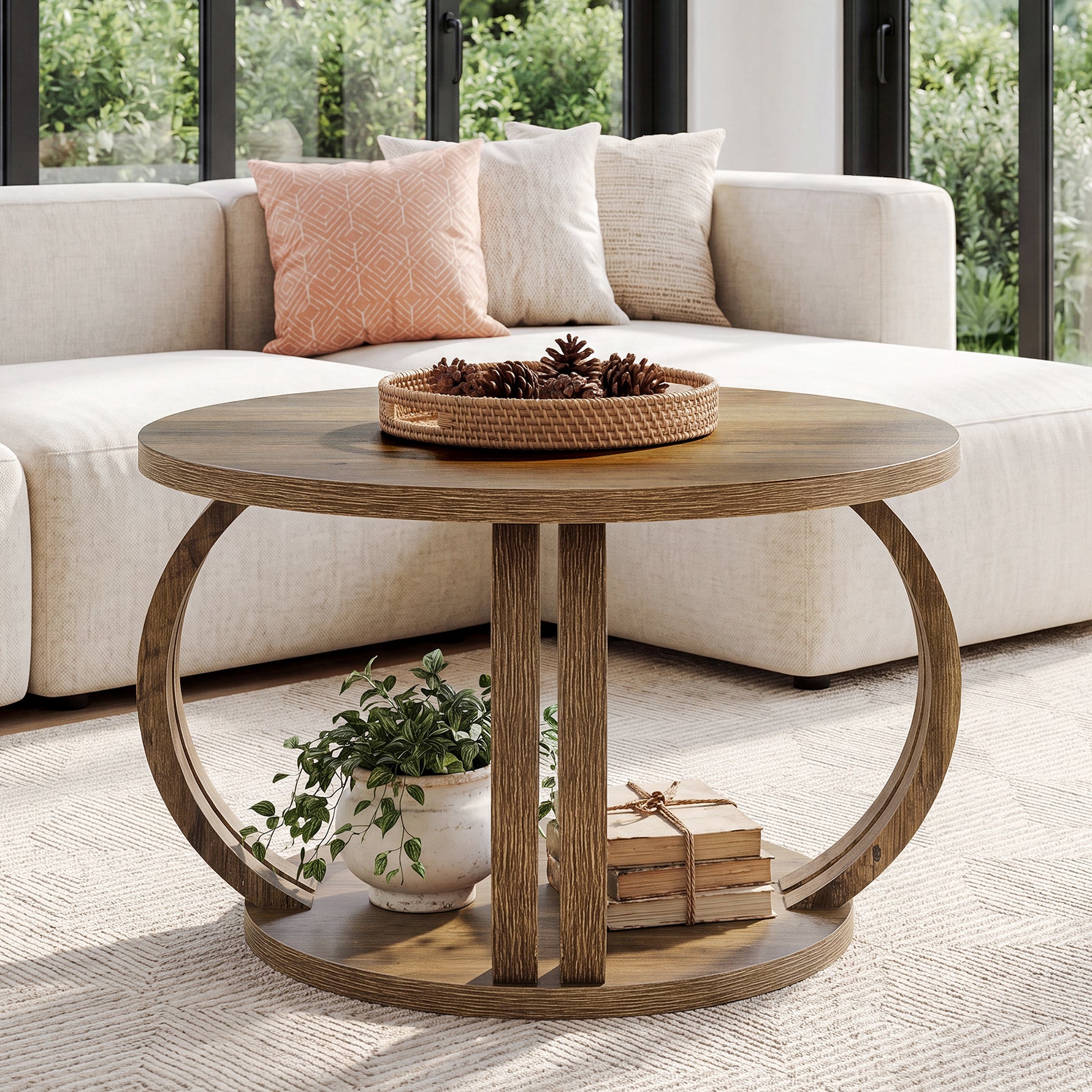 Tribesigns Runder Couchtisch 80 cm mit Ablage, Wohnzimmertisch mit skulpturalem Säulenfuß