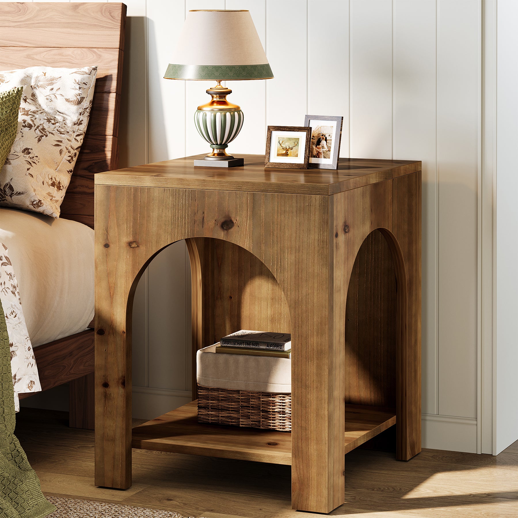 Tribesigns Beistelltisch im Landhausstil mit Rundbogen-Design, 2-stufiger Nachttisch mit Ablage