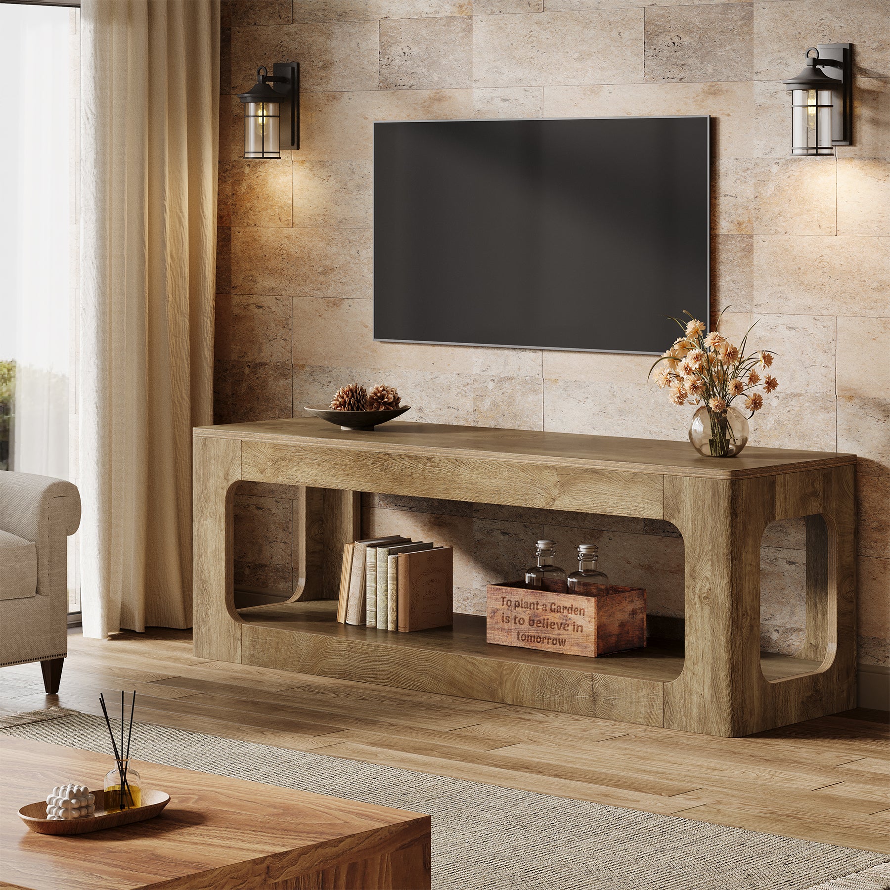 Tribesigns TV-Lowboard 160 cm im Landhausstil, TV-Schrank für 55–75 Zoll Fernseher mit 2 Ebenen