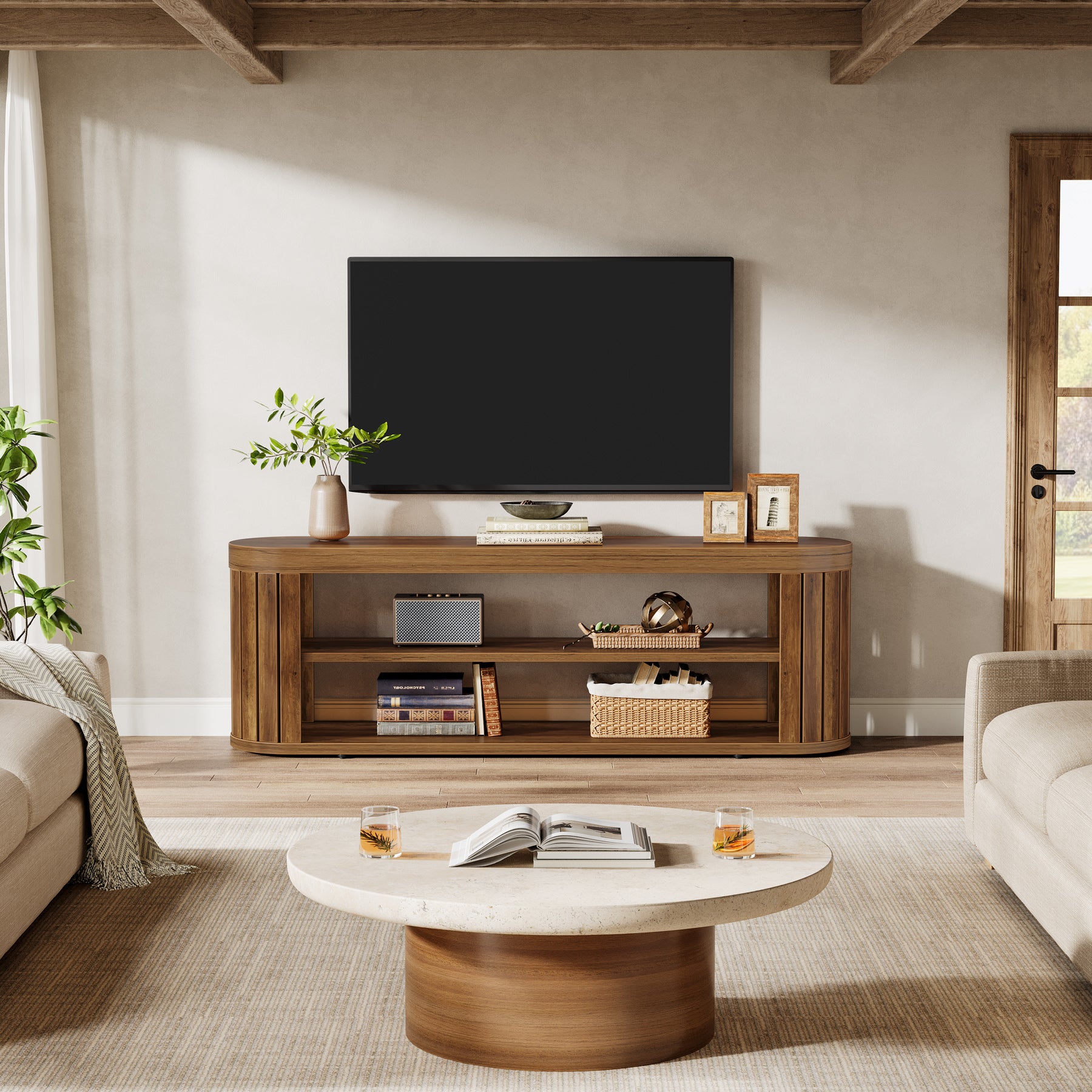 Tribesigns TV Lowboard 120 cm für Fernseher bis 55 Zoll, TV-Schrank mit 2 offenen Ablagen