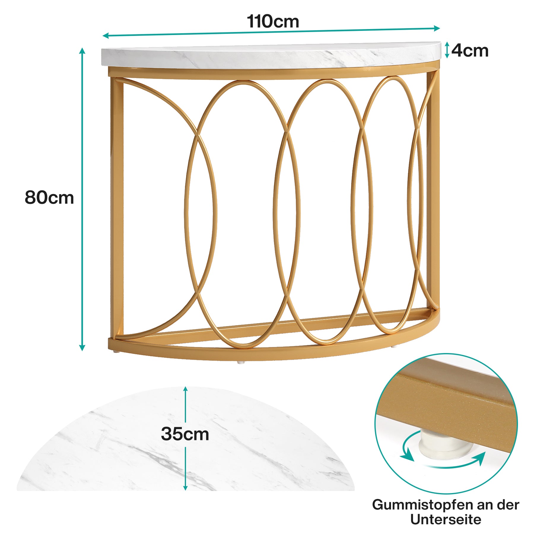 Gold Konsolentisch - Beistelltisch mit Metallgestell und Halbmond-Design