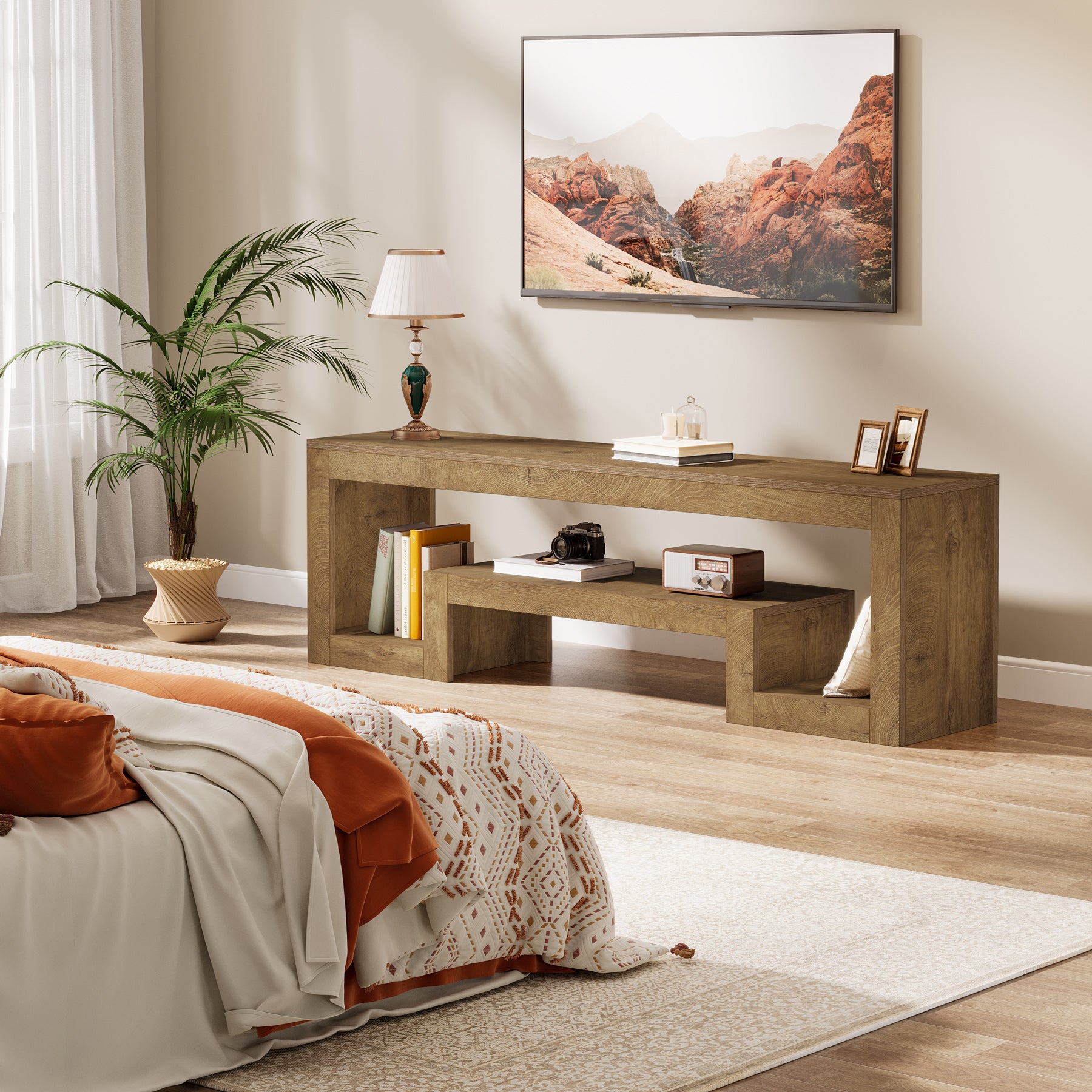 TV-Lowboard 160 cm, Bauernhaus Fernsehkonsole mit offenen Ablagen für 55–65 Zoll Fernseher