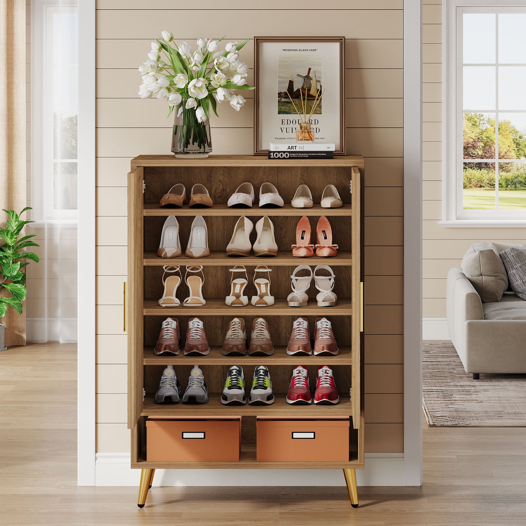 Schuhschrank aus Holz, 6-stöckiger Schuh-Organizer mit verstellbaren Regalen