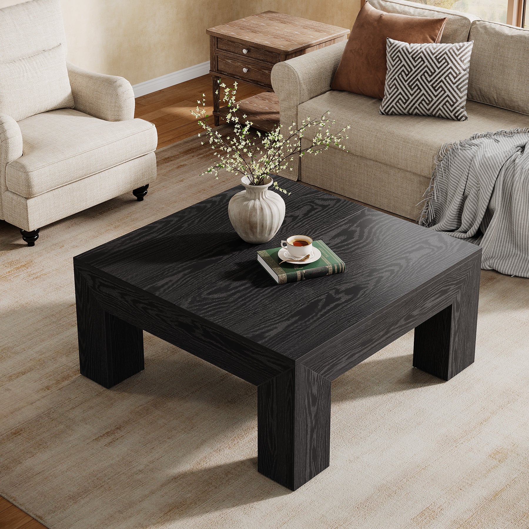 100 cm Quadratischer Couchtisch, Wohnzimmertisch aus Holz mit robusten Beinen für Sofa & Schlafzimmer