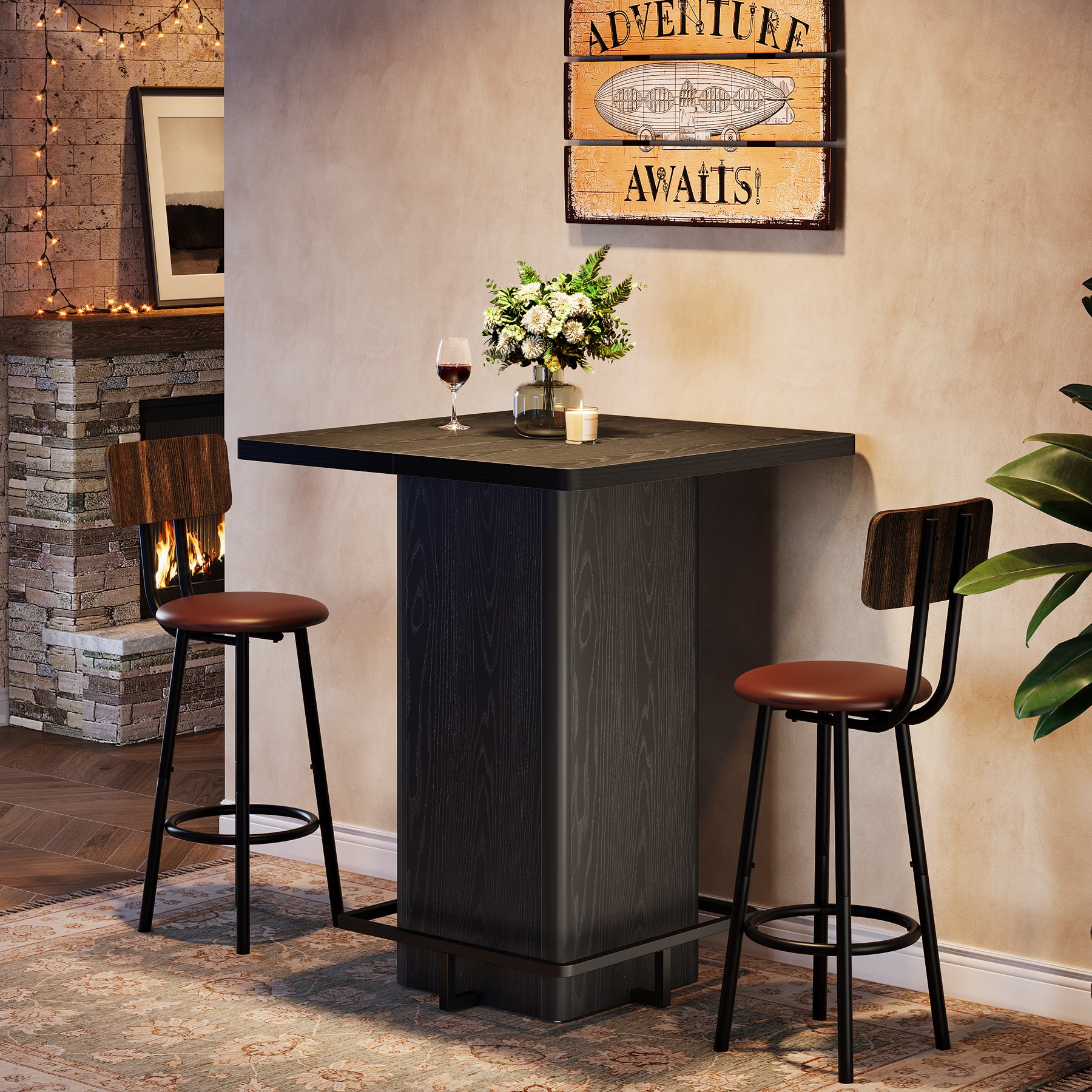 Tribesigns Quadratischer Bartisch 100 cm hoch, Stehtisch 80×80 cm mit Fußablage, moderner Bistrotisch in Holzoptik