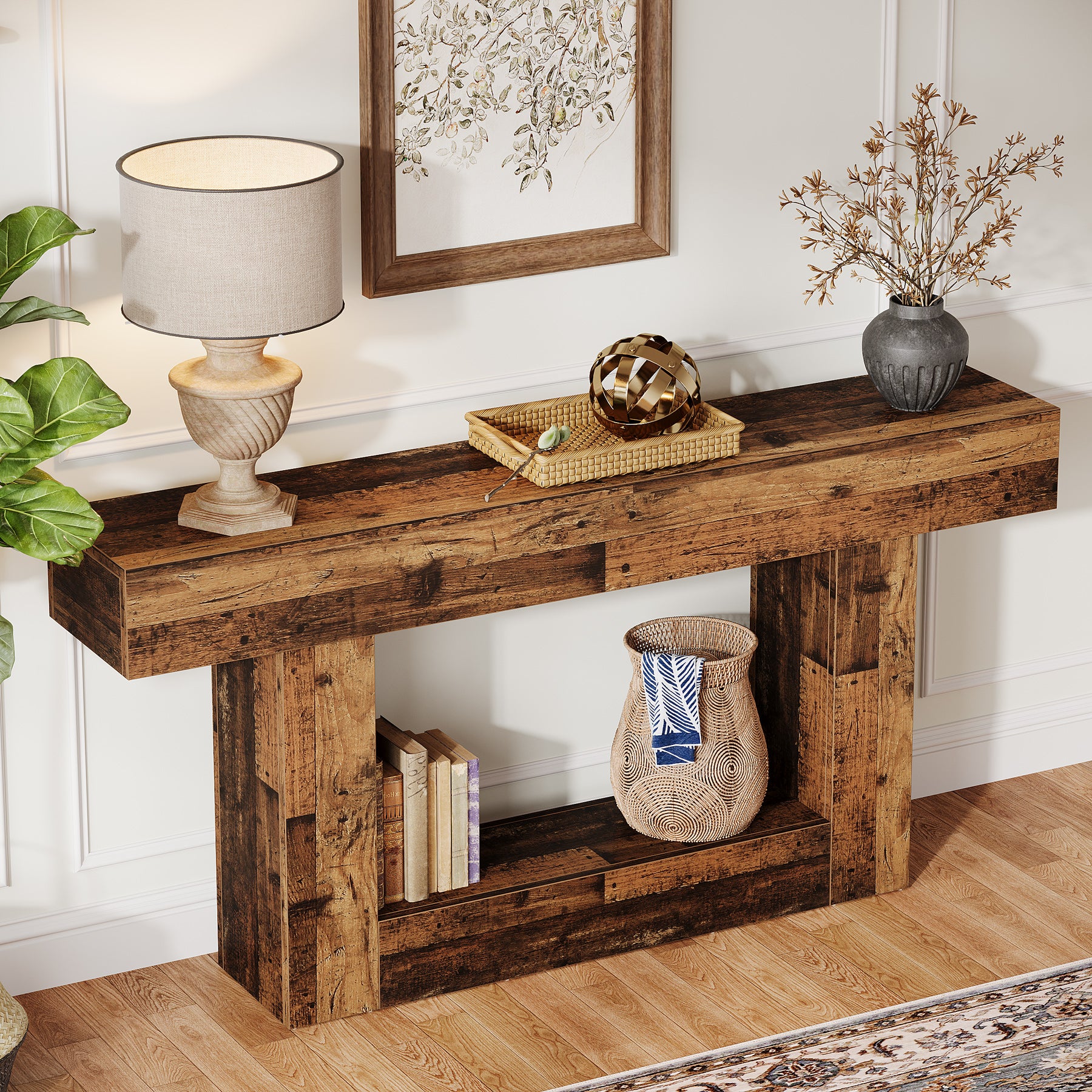 160 CM Konsolentisch aus Holz, Bauernhaus-Sofatisch mit 2 Ebenen, Eingangstisch