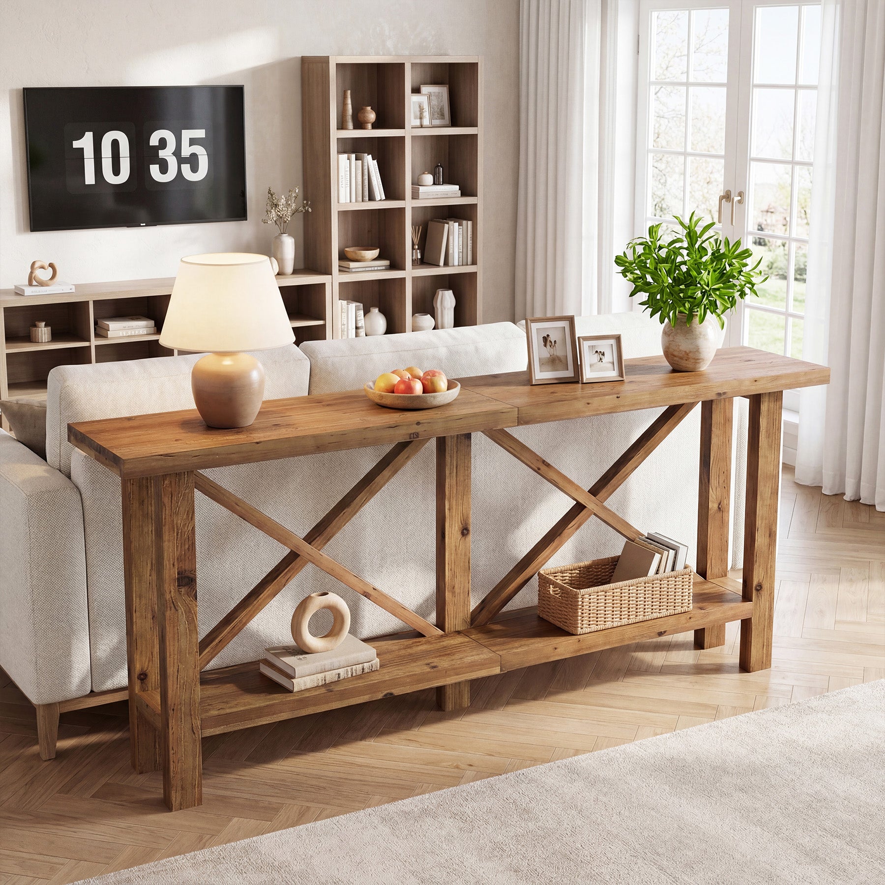 Tribesigns Konsolentisch aus Massivholz 180 cm, Schmaler Flurtisch im Landhausstil mit 2 Ablagen