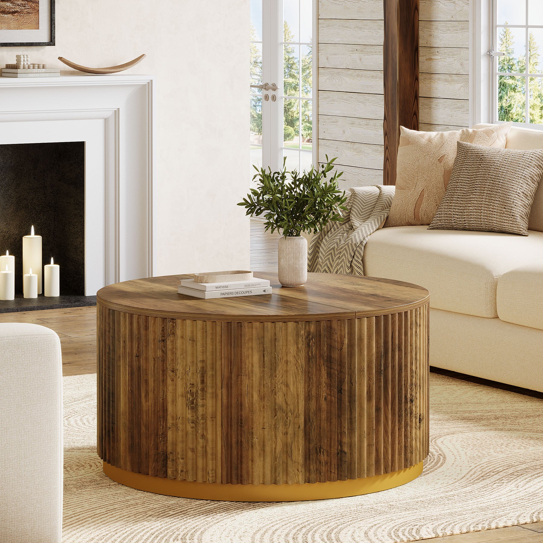 Runder Couchtisch 80 cm mit geriffeltem Design, Wohnzimmertisch mit stabiler Trommelbasis