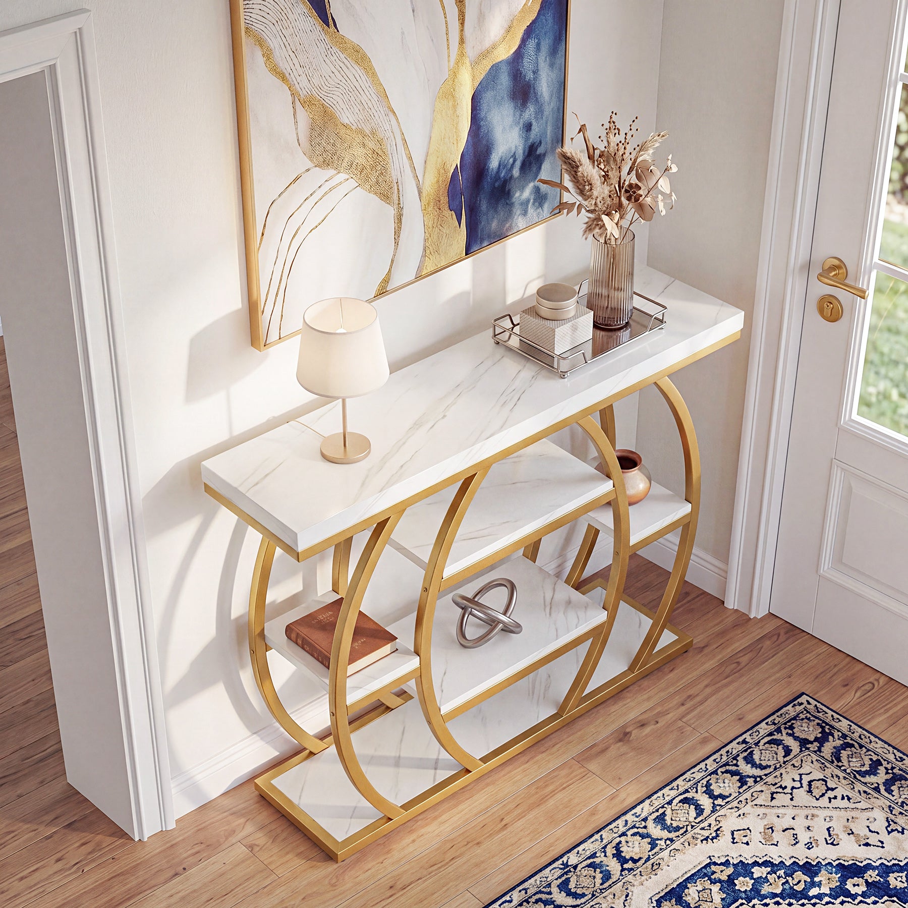 Tribesigns Konsolentisch 105 cm, Schmaler Flurtisch mit 5 Ablagen, Gold Metallgestell & Tischplatte in Marmoroptik