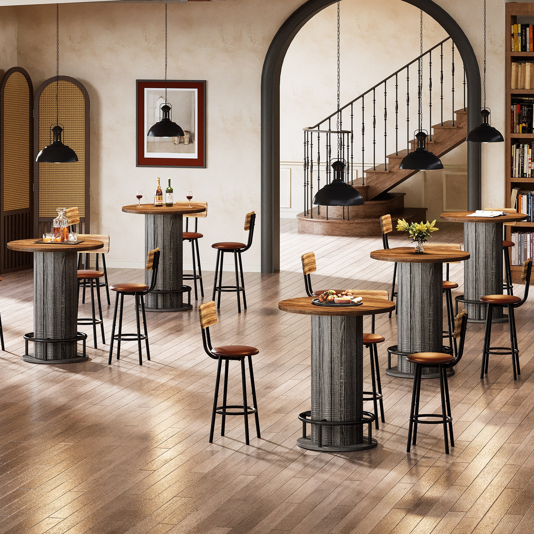 80 cm Runder Esstisch mit Holzstreifen-Basis - Kleiner Kreistisch mit Fußstütze in Braun für Küche & Minibar