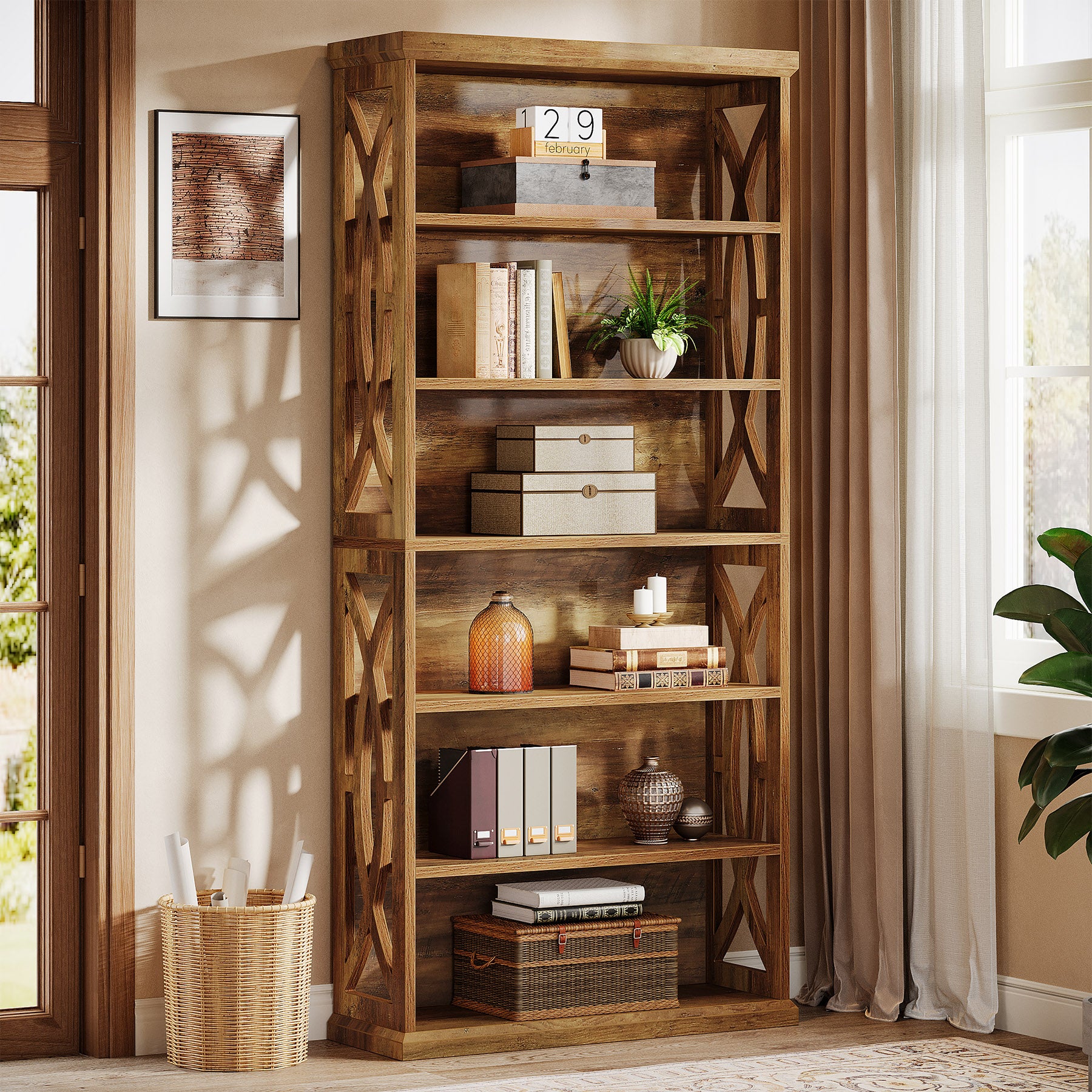 180 cm 6-stufiges Bücherregal, freistehendes Industrie-Regal aus Holz für Wohnzimmer & Homeoffice