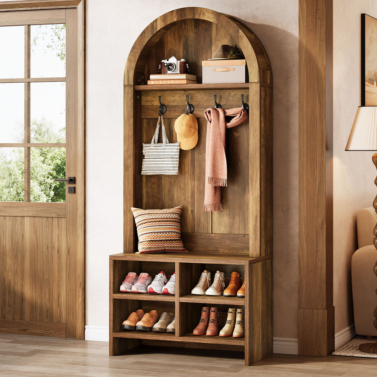 Tribesigns 4-in-1 Flurgarderobe mit Sitzbank, Schuhablage, 4 Haken und Fächern