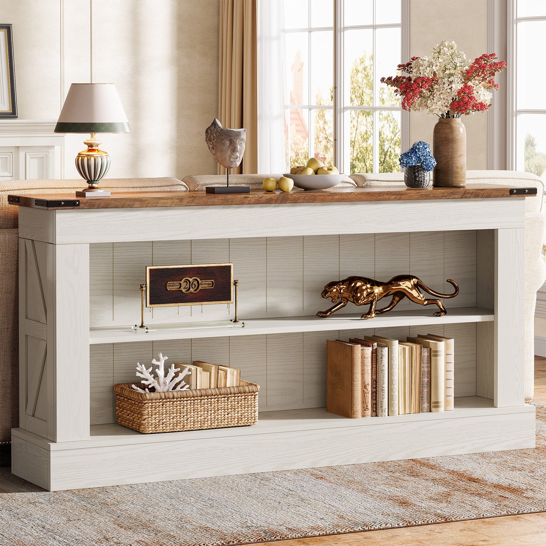 Schmaler Konsolentisch 160 cm mit Ablagen, Landhaus Flurtisch für Eingangsbereich & Sofa