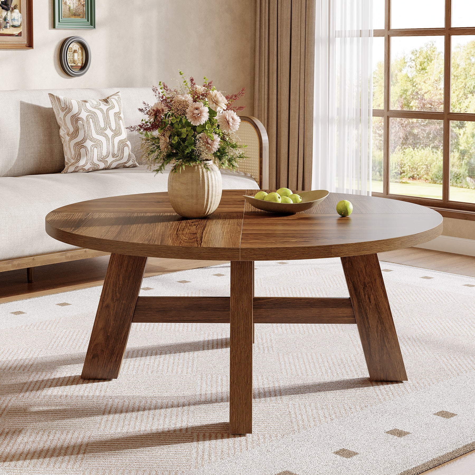 Runder Couchtisch 80 cm im Mid-Century-Stil, Wohnzimmertisch aus Holz mit verstärkter Kreuzstrebe
