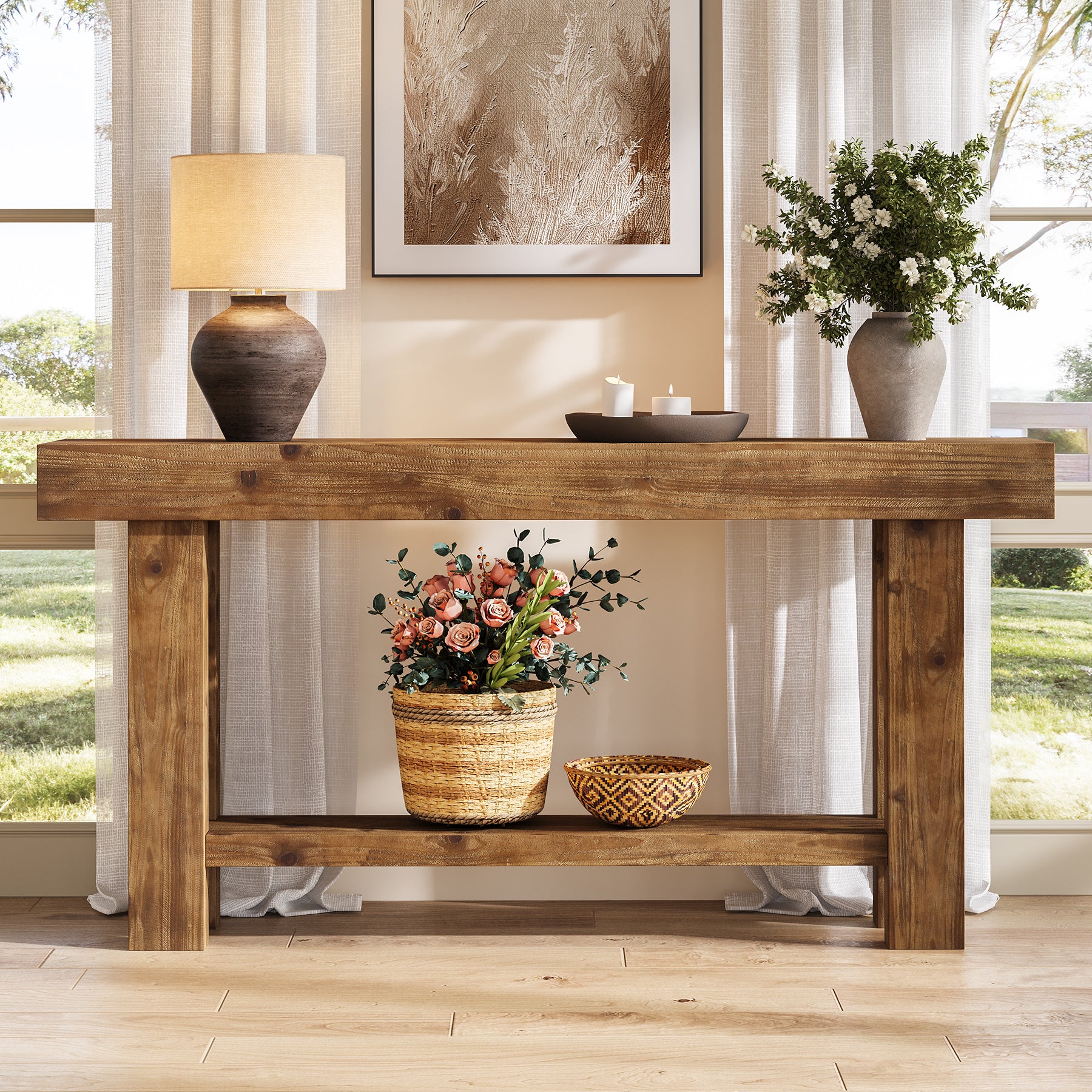 Tribesigns Konsolentisch aus Massivholz 160 cm, Schmaler Flurtisch im Landhausstil mit 2 Ablagen