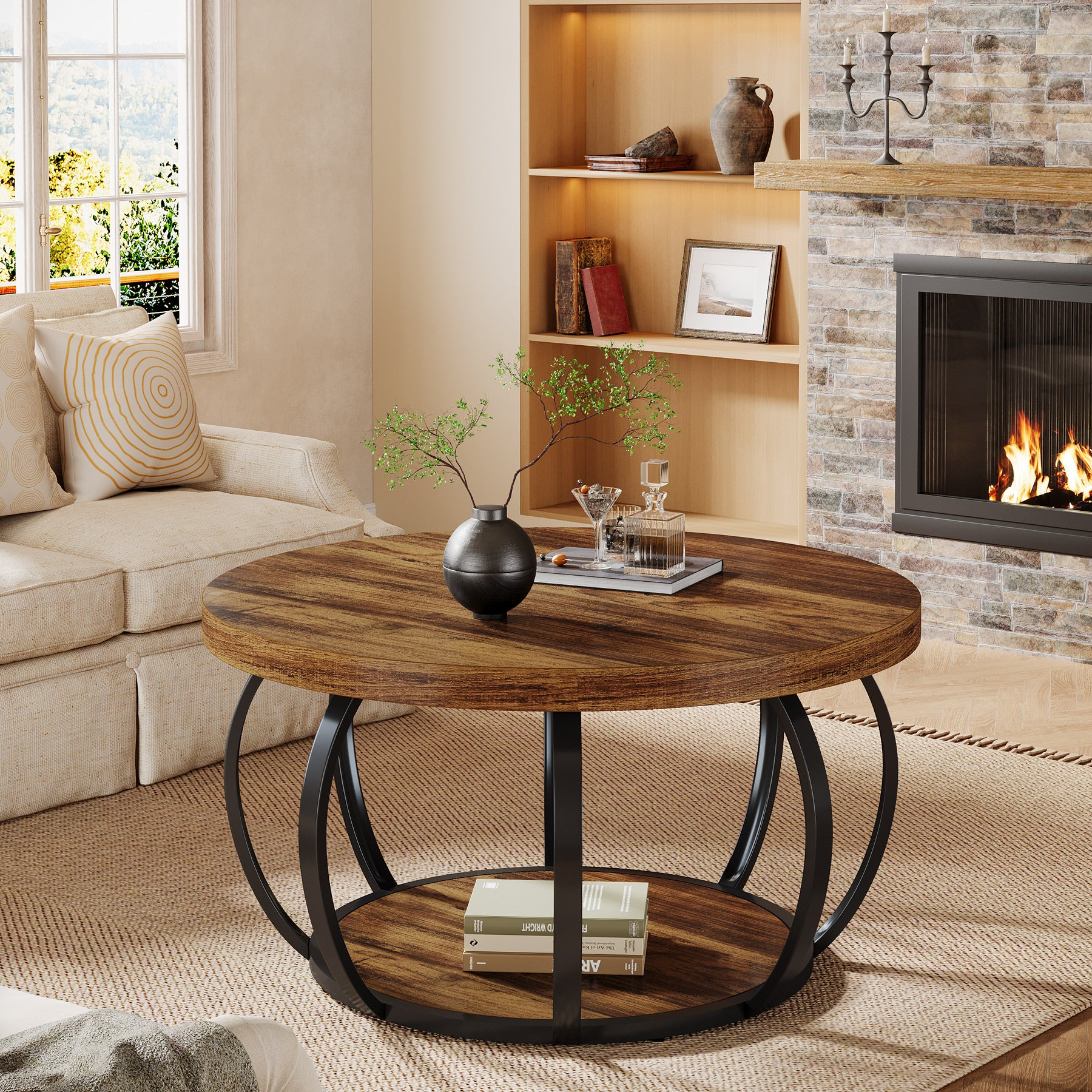 Tribesigns Runde Couchtisch 80 cm, Industrial 2-Tier-Kreis Couchtisch mit Lagerung Regale