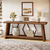 Tribesigns Extra langer Konsolentisch 180 cm mit 2 Ablagen, Schmaler Sofatisch für Wohnzimmer und Flur, Holz-Metall Design 3