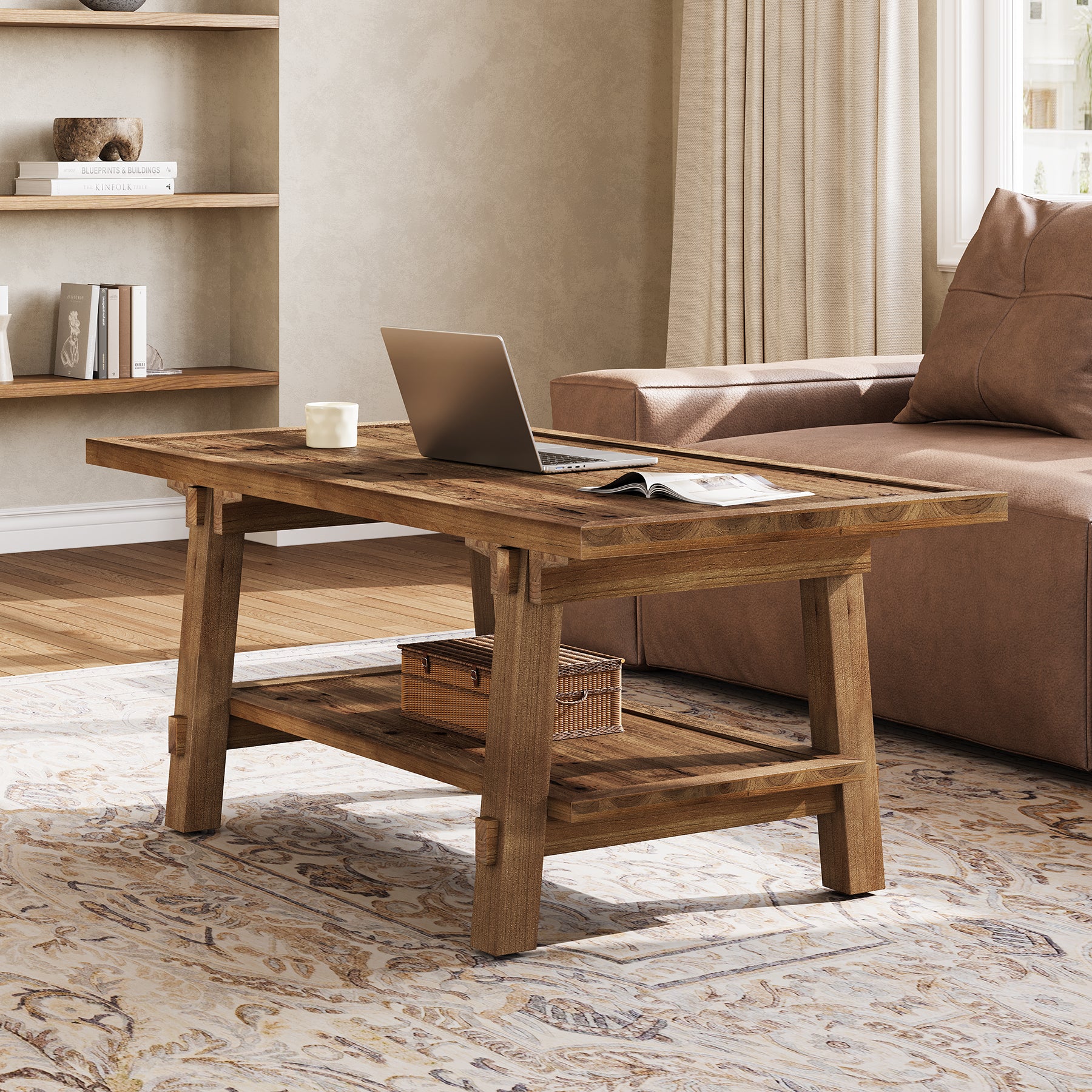 Tribesigns Couchtisch aus Massivholz 120 cm, Rechteckiger Wohnzimmertisch im Landhausstil mit 2 Ablagen