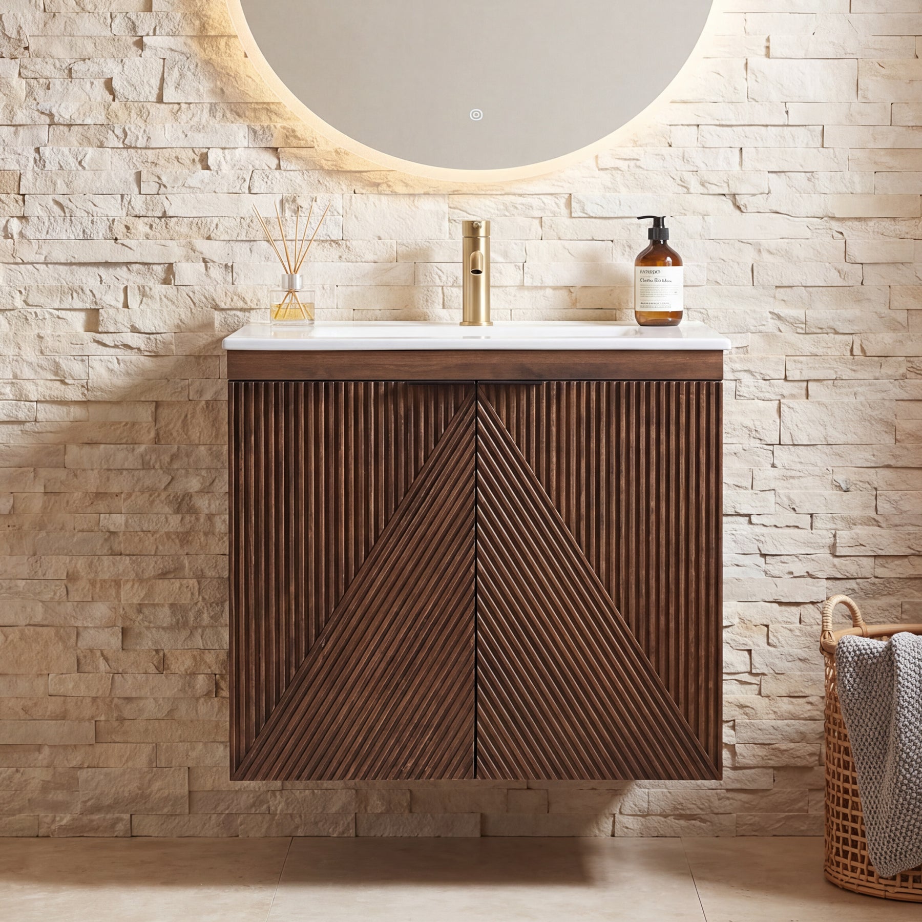 Tribesigns Wandhängender Waschtisch 60 cm mit Keramikwaschbecken, Badmöbel mit Soft-Close-Tür & Stauraum