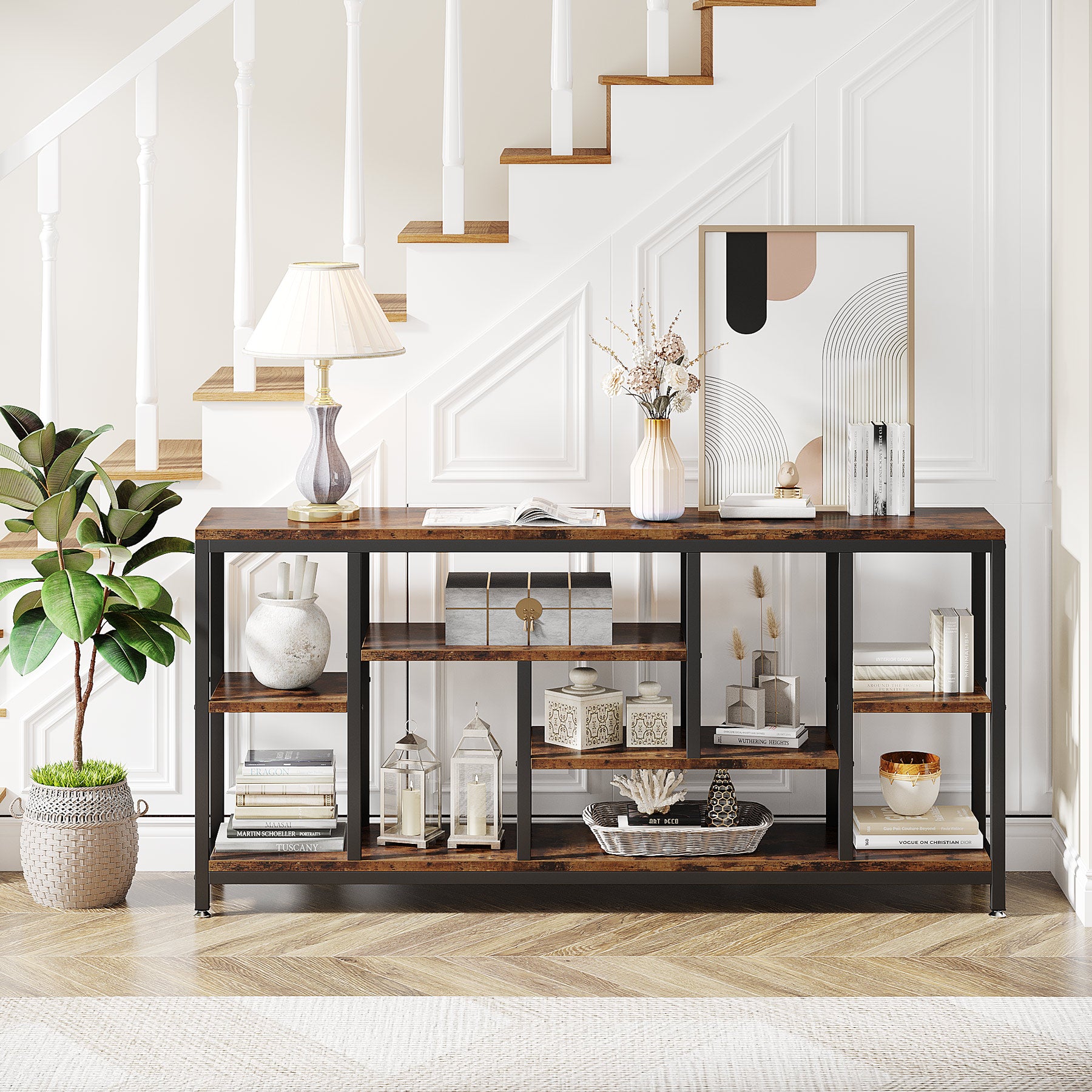 Tribesigns Konsolentisch 180 cm mit 3 Ablagen, Schmaler Flurtisch im Industrial-Design