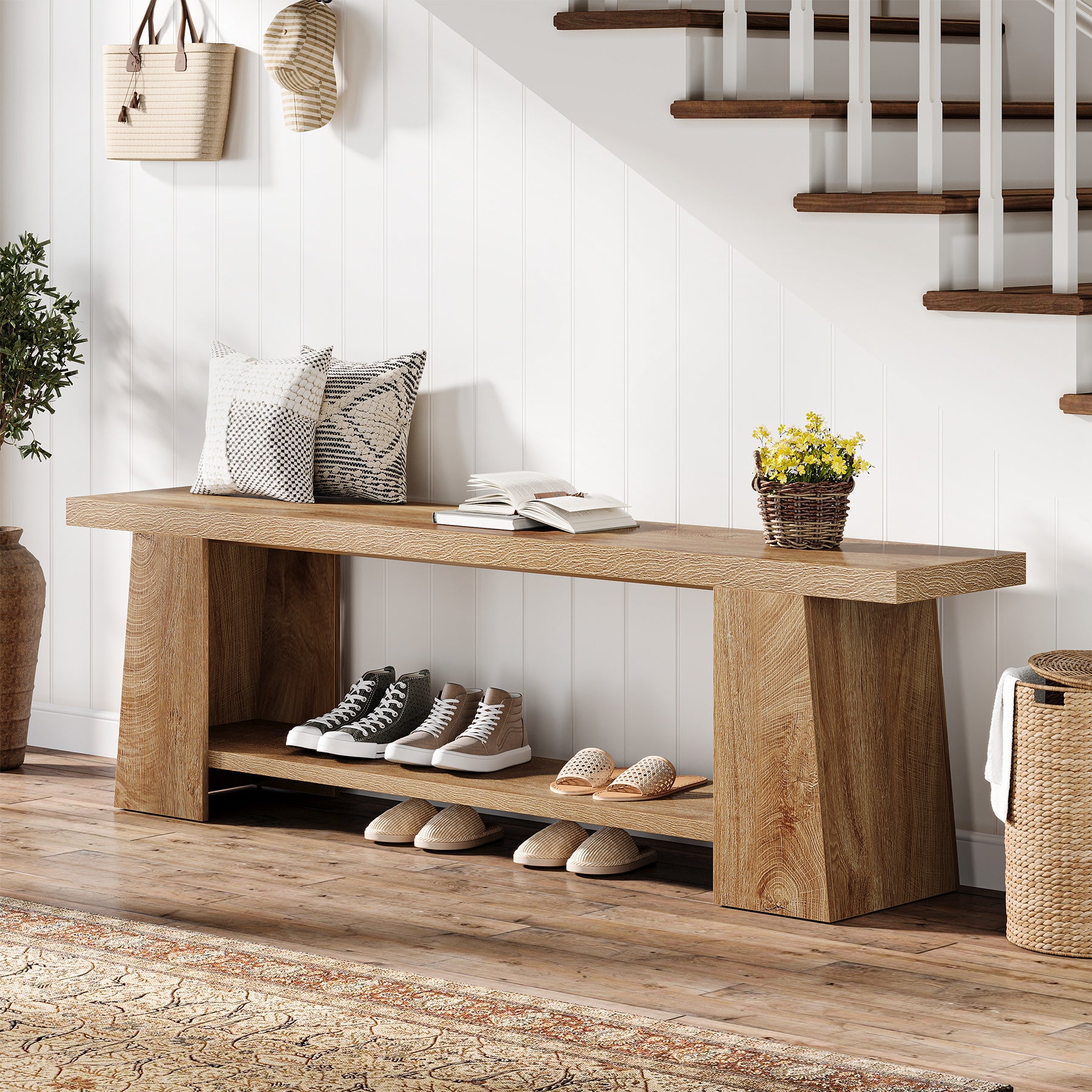 Tribesigns Schuhbank 150 cm mit Ablagen, Extra lange Sitzbank im Landhausstil für Flur & Schlafzimmer