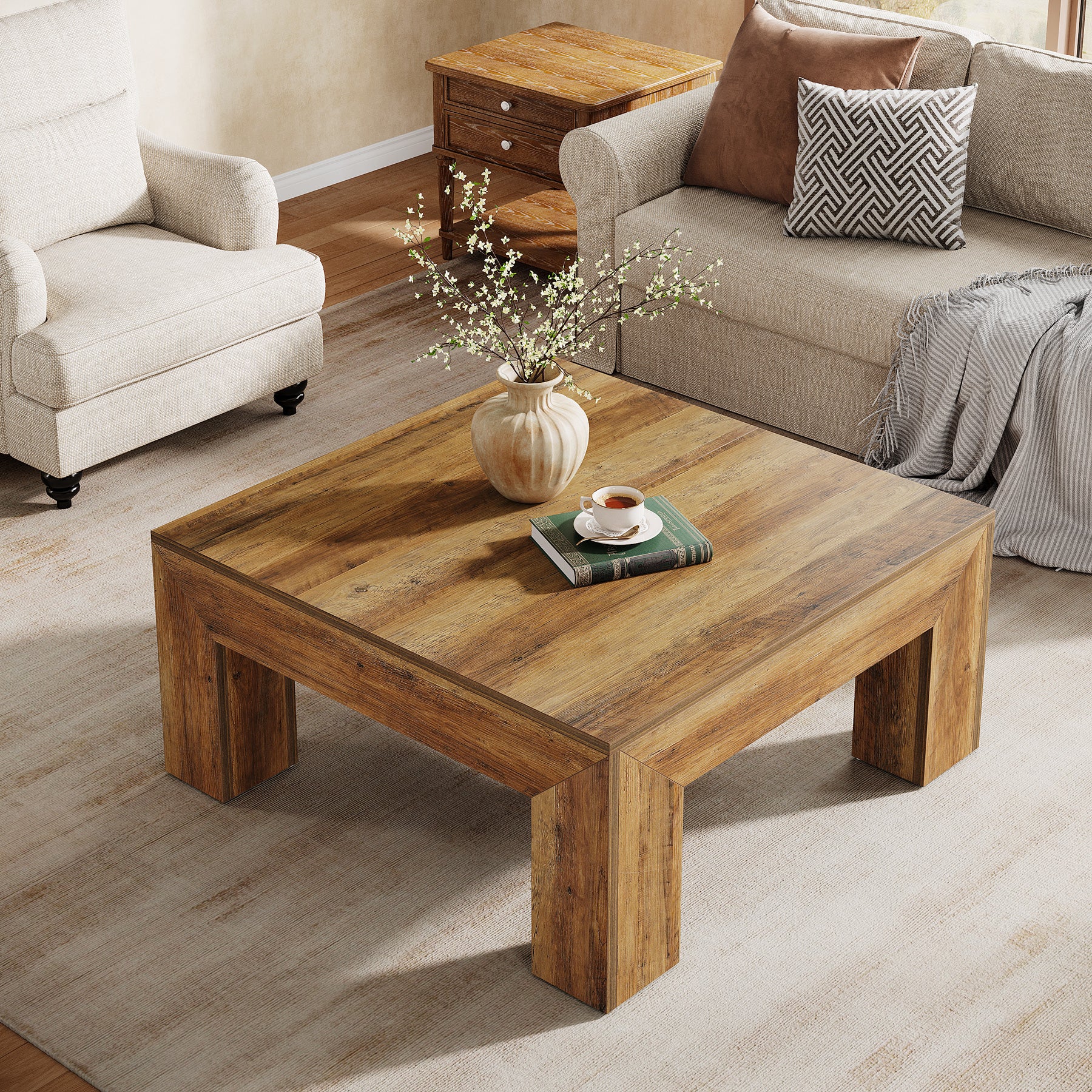100 cm Quadratischer Couchtisch, Wohnzimmertisch aus Holz mit robusten Beinen für Sofa & Schlafzimmer