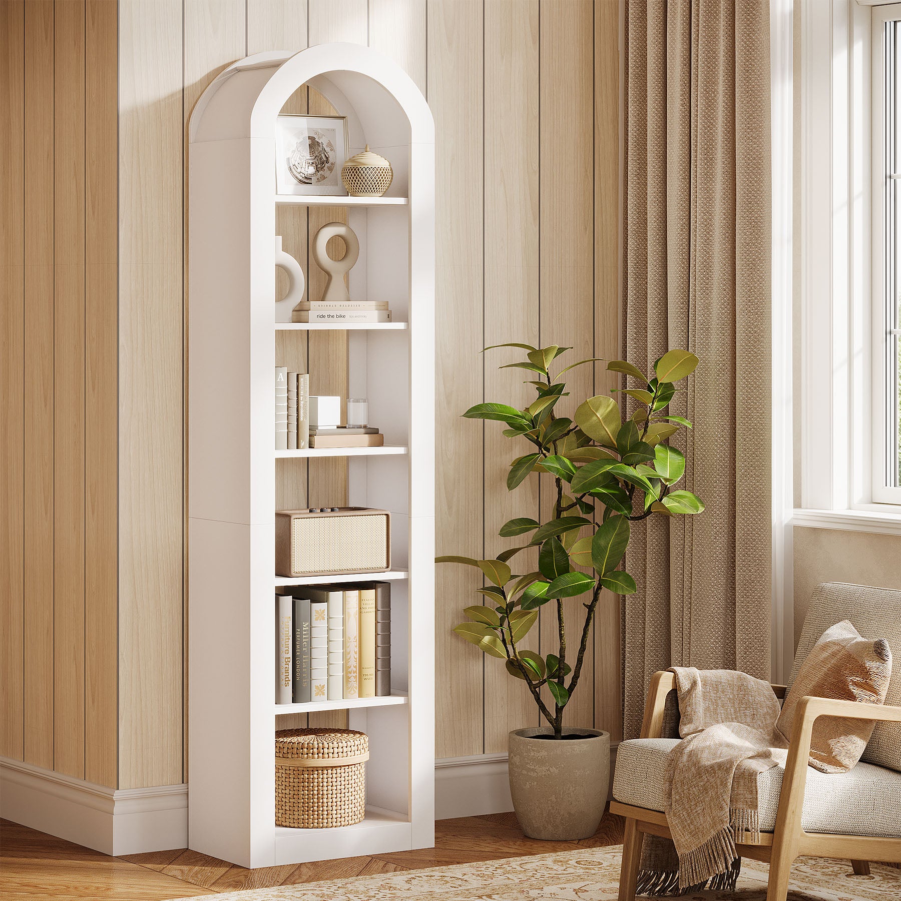 Tribesigns Hohe Bücherregal 190 cm mit Bogenform, Schmaler 6-Ebenen Standregal für Ecke & Kleine Räume