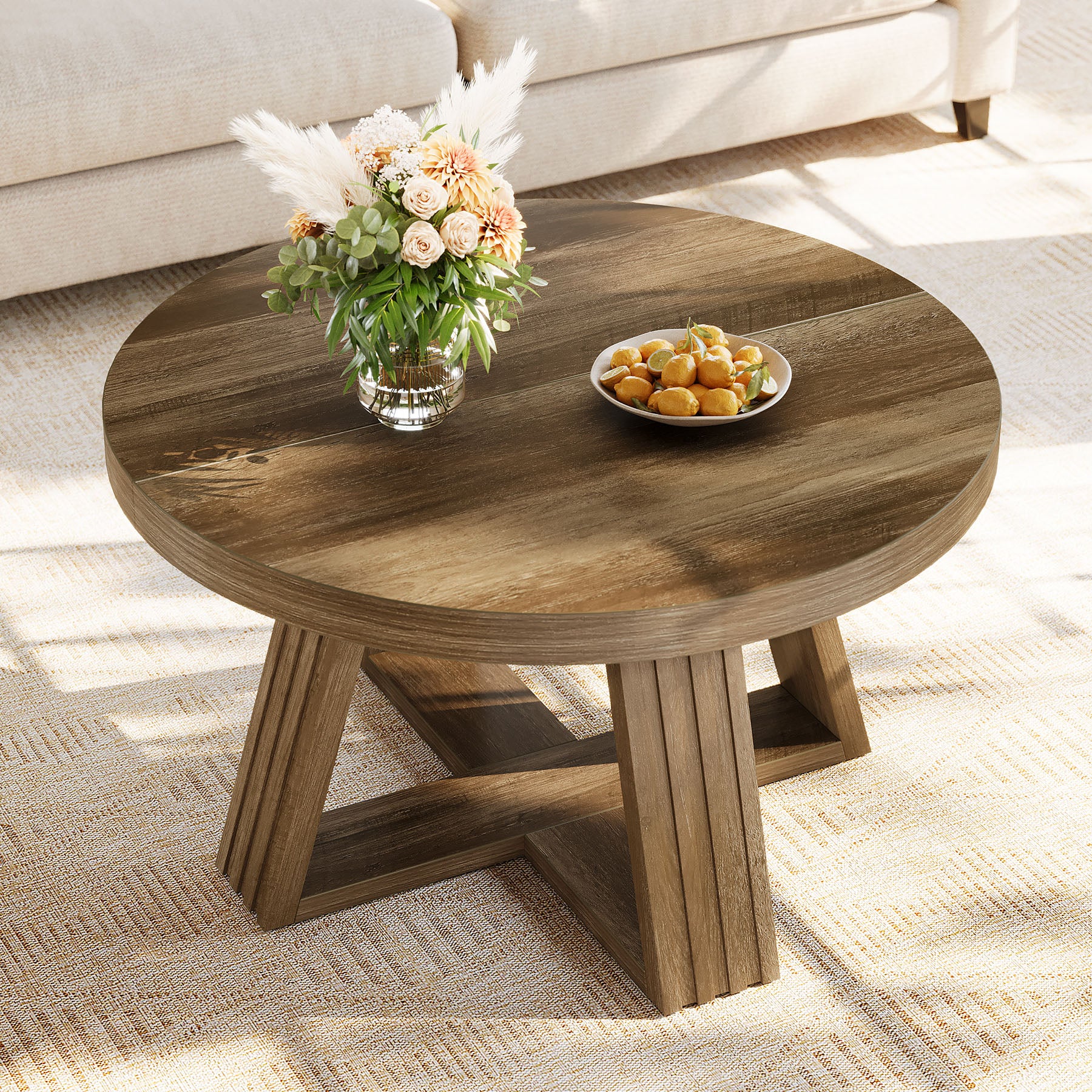 Tribesigns Runder Couchtisch 80 cm im Landhausstil, Wohnzimmertisch mit Holzmaserung & Kreuzgestell