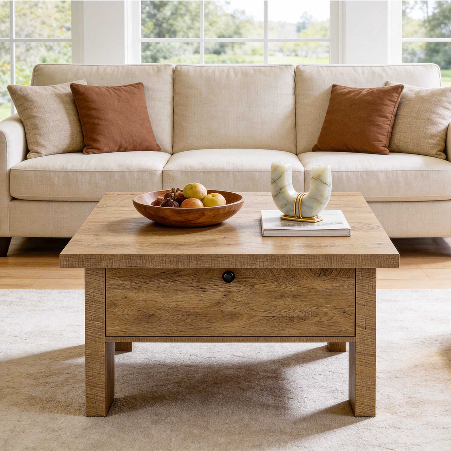 Tribesigns Quadratischer Couchtisch 80 cm mit Schublade, Landhaus Wohnzimmertisch mit verstecktem Stauraum