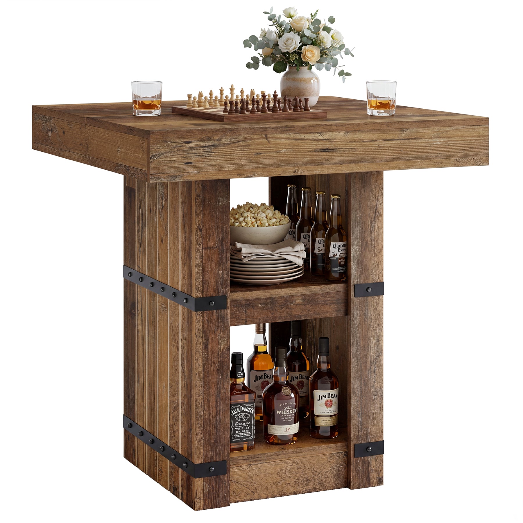 Tribesigns Bartisch 80 × 80 cm mit Stauraum, Hoher Stehtisch 95 cm, Küchentisch im Industrial-Landhausstil